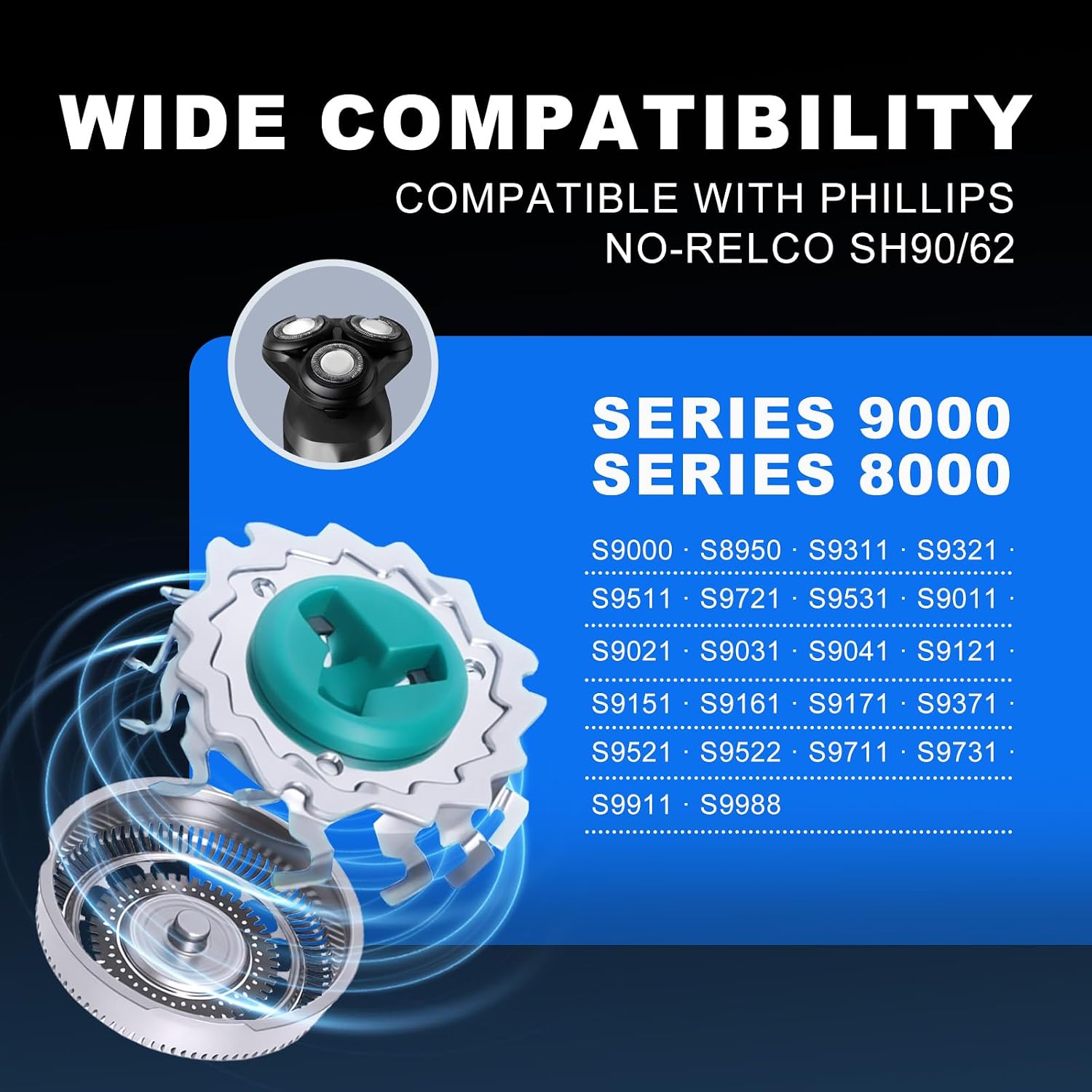 SH90/62 Replacement Shaver Head for Phi-Lips No-relco Series 9000 & 8000 | Fits S8950 S9000 S9311 S9321 S9511 S9531 S9721, Rotary Razor Blade Cutter