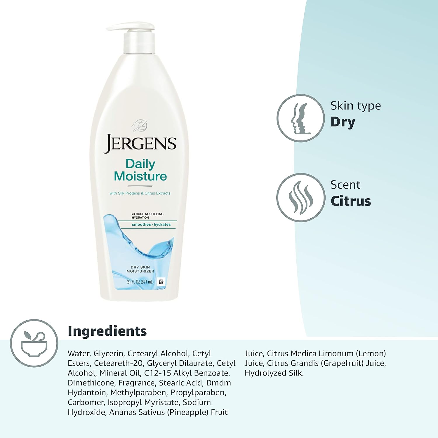 Jergens Soothing Aloe Body Lotion For Dry Skin, Moisturizer, 21 fl oz | Cucumber Extract, Hydralucence Blend, Smooths Texture, Enhances Radiance, Long-Lasting Moisture