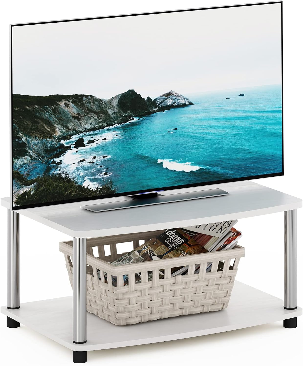 Furinno Turn-N-Tube TV Riser Stand, 2-Tier Small Elevated No Tools TV Stand, TV Console for TV up to 32 inch, 15.8 x 23.8 x 11, for Living Room, Bedroom, French Oak/Black