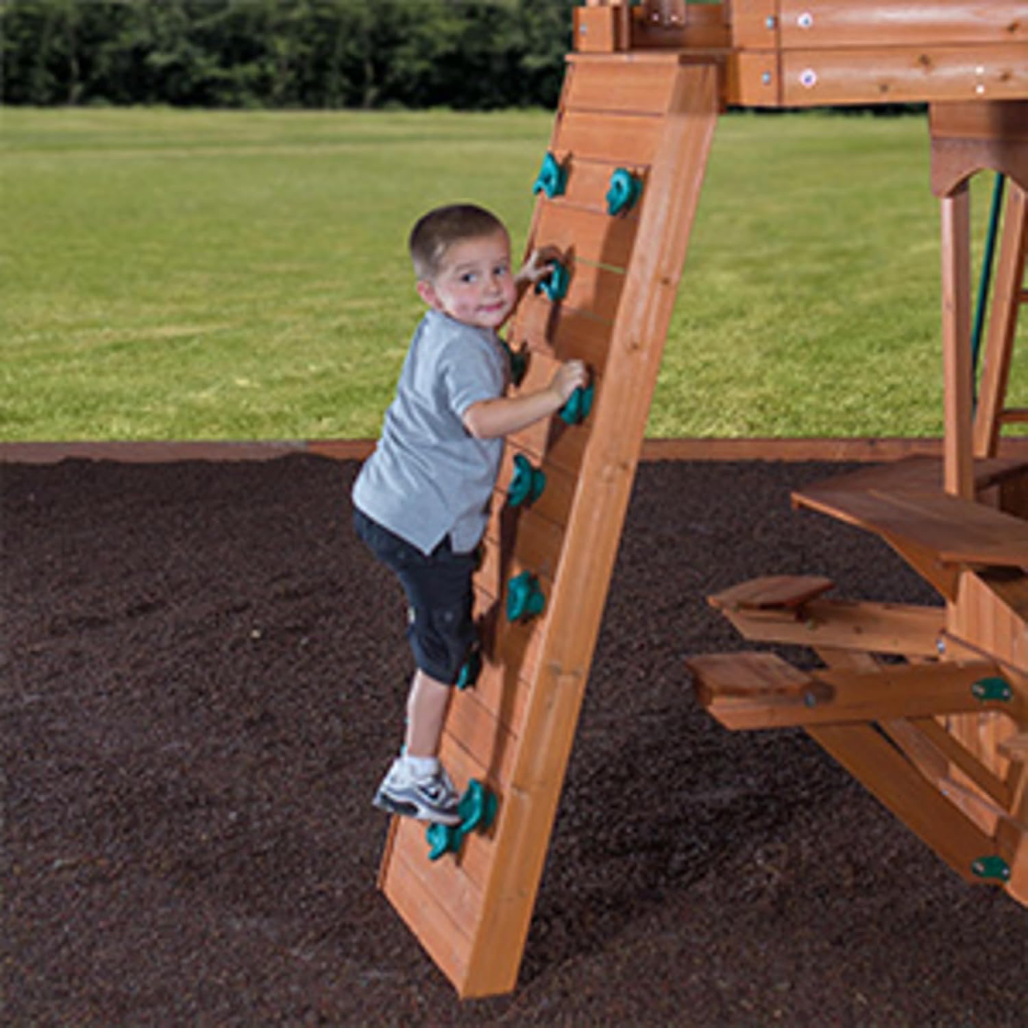 Backyard Discovery Woodland Cedar Wood Swing Set with Wave Slide, Clubhouse, Rock Wall, Snack Bar Station, Benches, Belt Swings, Trapeze, Half Door