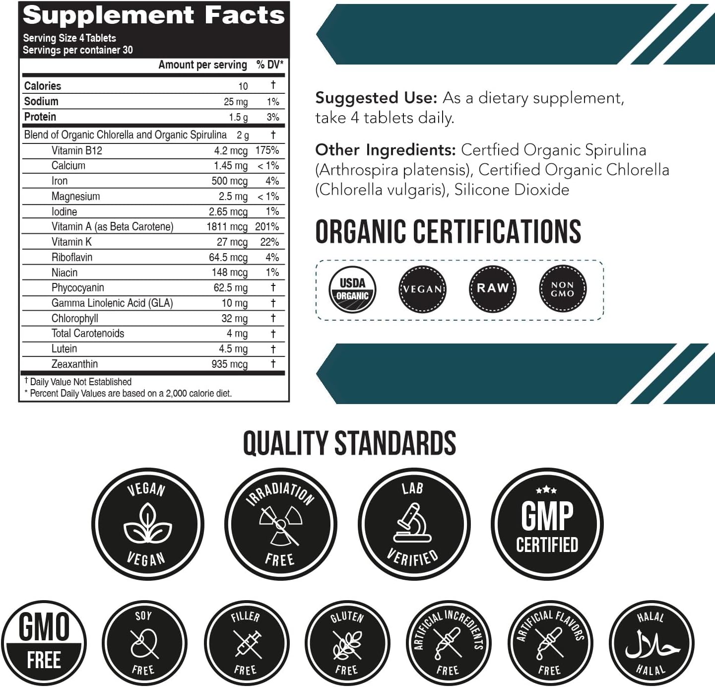 Organic Spirulina & Chlorella Tablets – 4 Organic Certifications, Raw