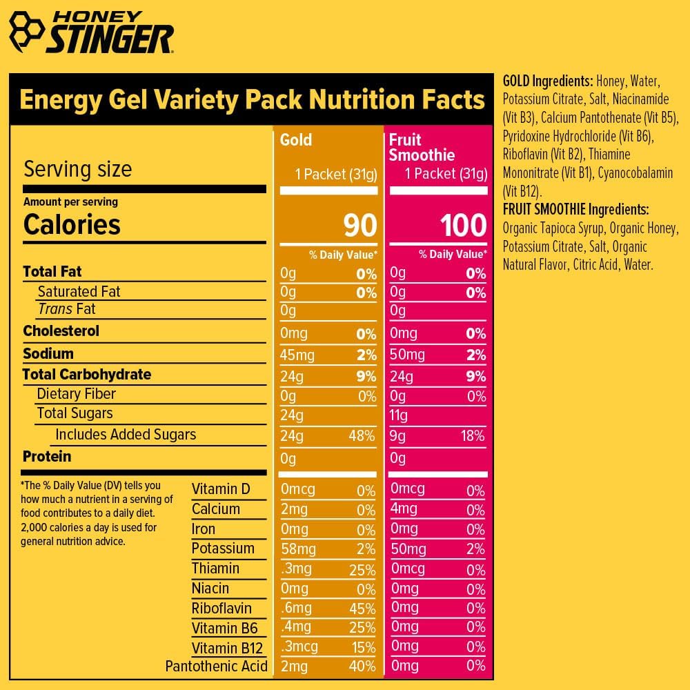 Honey Stinger Gold Energy Gel, Gluten Free & Caffeine Free, for Exercise, Running and Performance, Sports Nutrition for Home & Gym, Pre and Mid Workout, 24 Pack, 26.4 Ounce | sports-nutrition-endurance-and-energy-chews