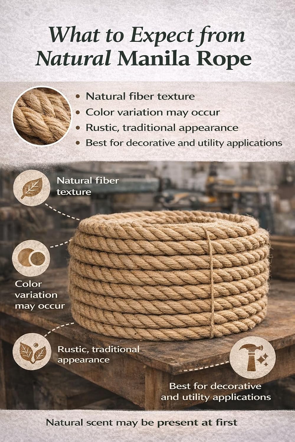 Twisted Manila Rope, Natural 3-Strand Fiber Rope for Landscaping, Decor, Railings, DIY Projects & Utility Use, Rustic for Indoor & Outdoor Applications - 1 in x 25 ft