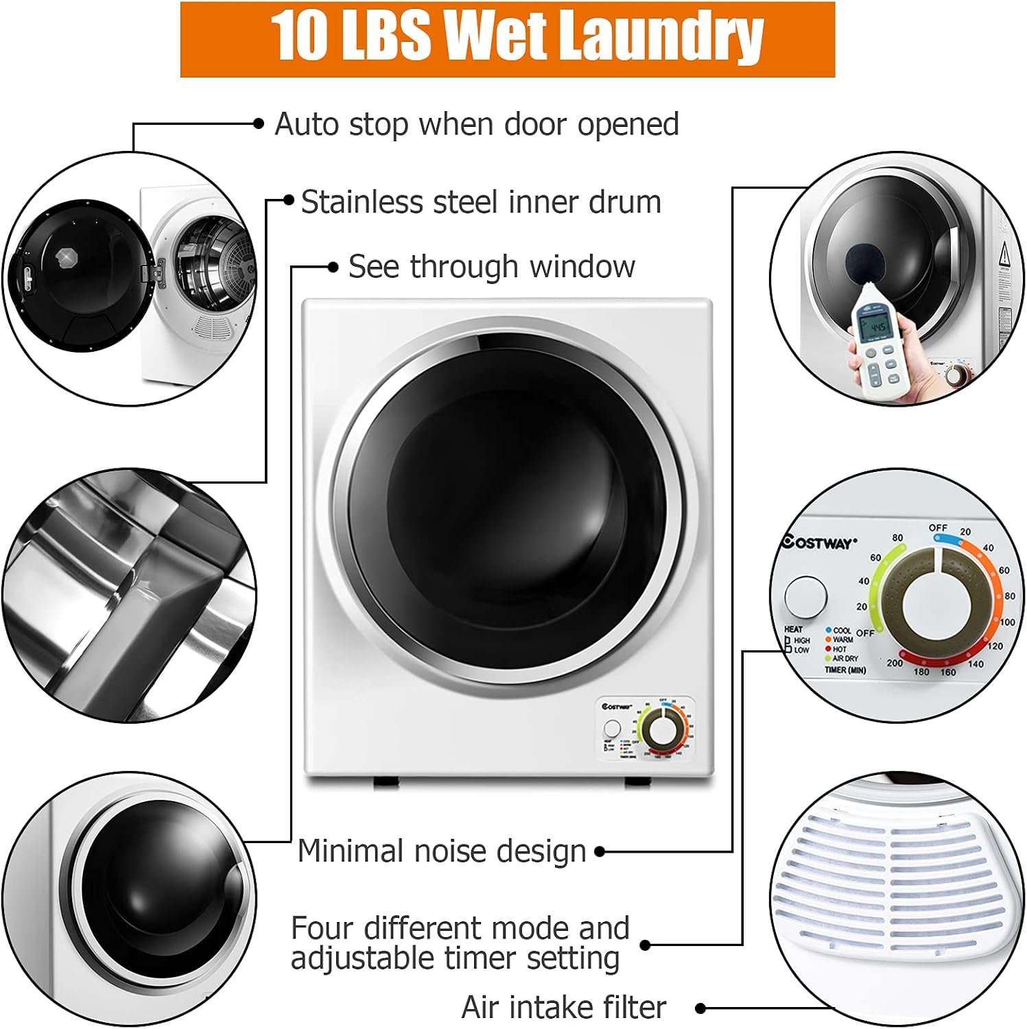 COSTWAY Compact Laundry Dryer, 110V Electric Portable Clothes Dryer with Stainless Steel Tub