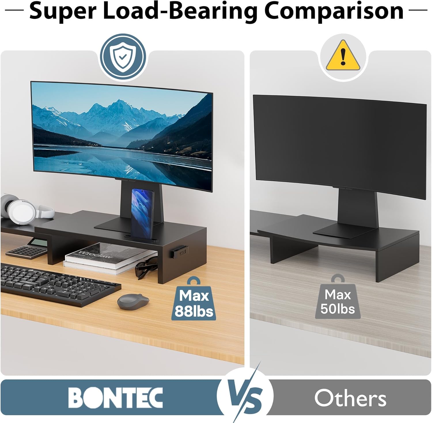 BONTEC Dual Monitor Stand Riser, Adjustable Length & Swivel Angle, Black