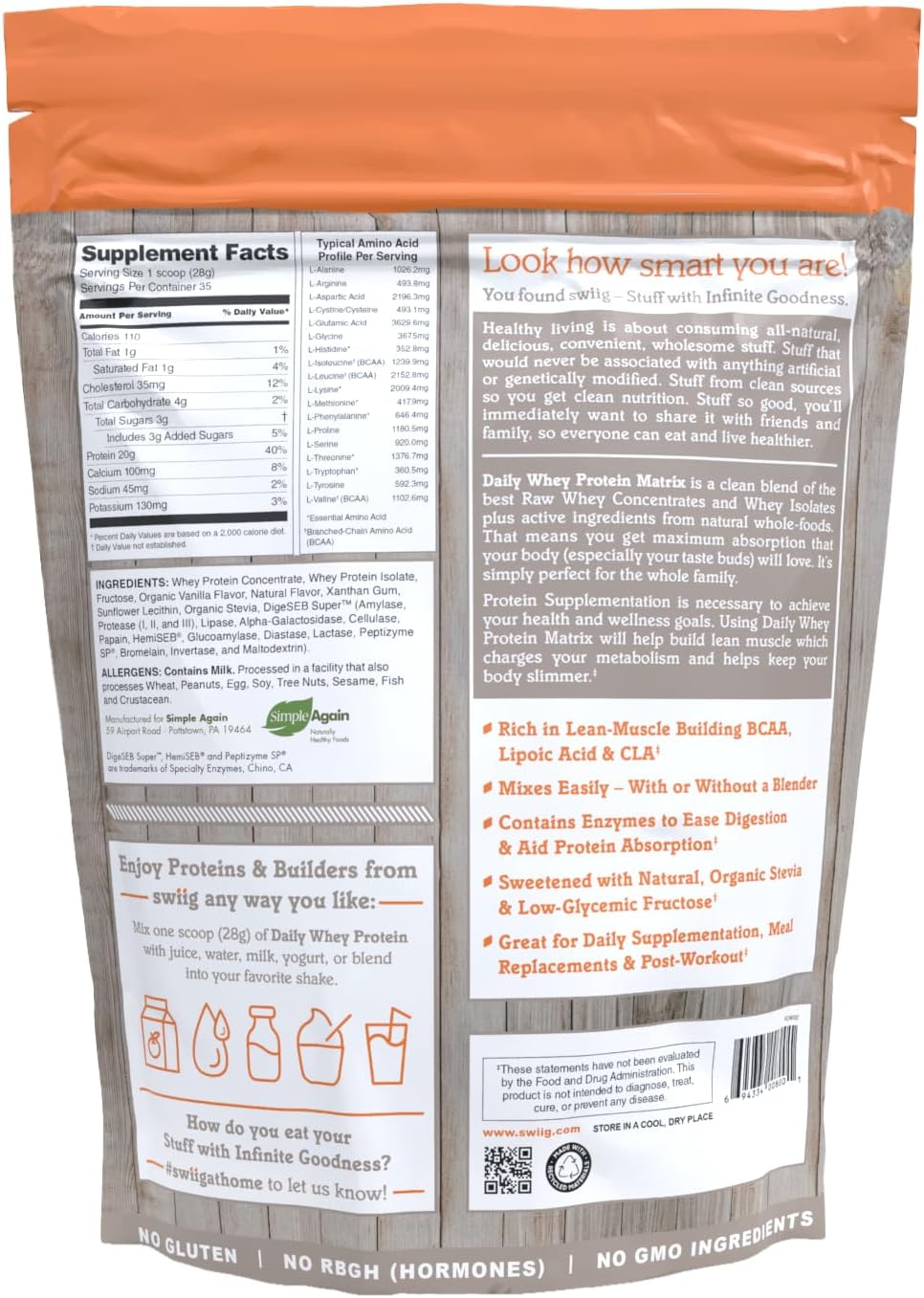 swiig Madagascar Vanilla Whey Protein Powder 20g Muscle Recovery 2.2 lb | Gluten-free, non-GMO daily nutrition supplement with digestive enzymes. Keto-friendly smoothie mix yields 35 servings.