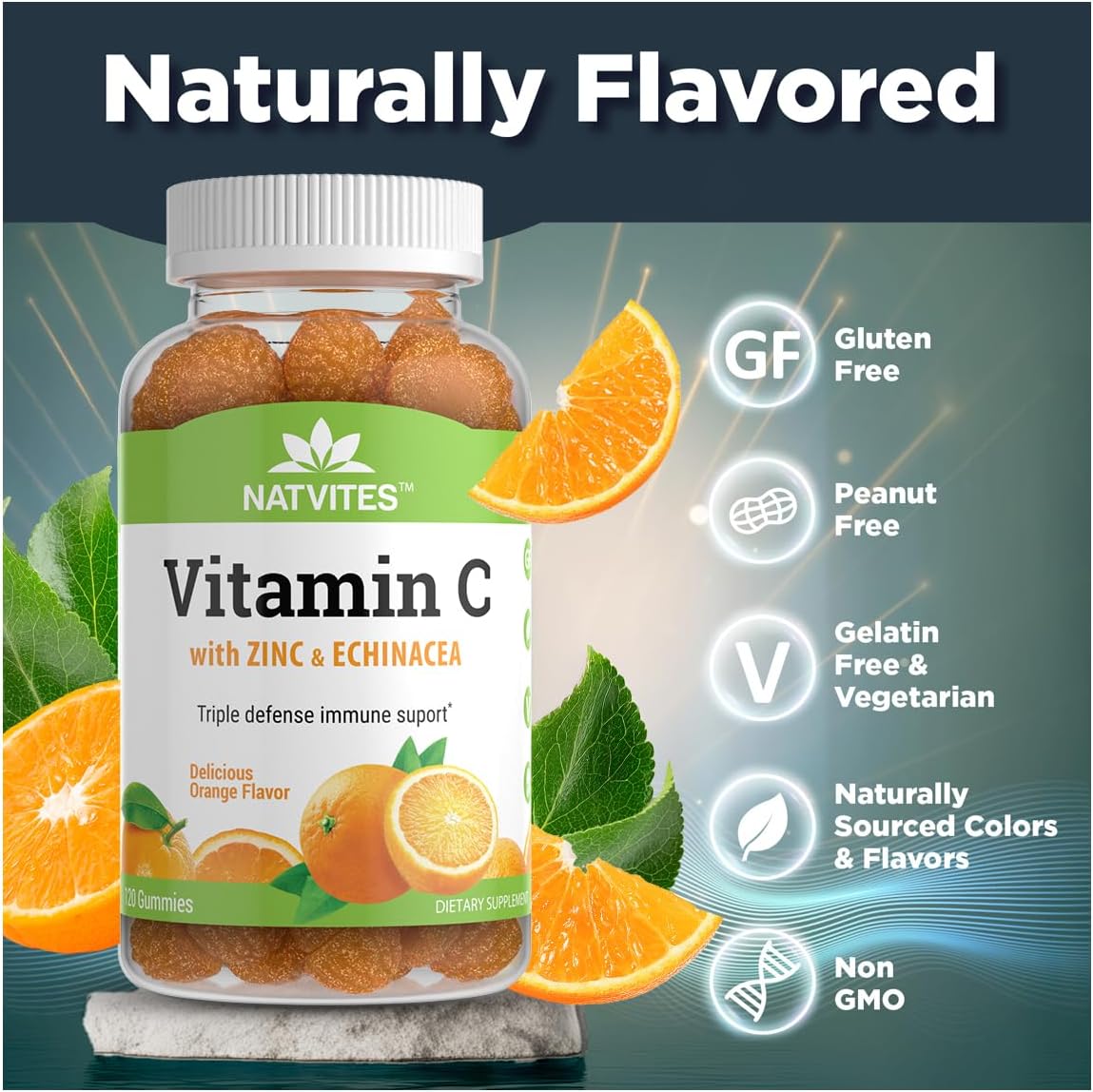 Vitamin C and Zinc Gummies for Adults with Echinacea and Rose Hips – Orange Flavored Gummy Vitamins for Women & Men – Immune Support