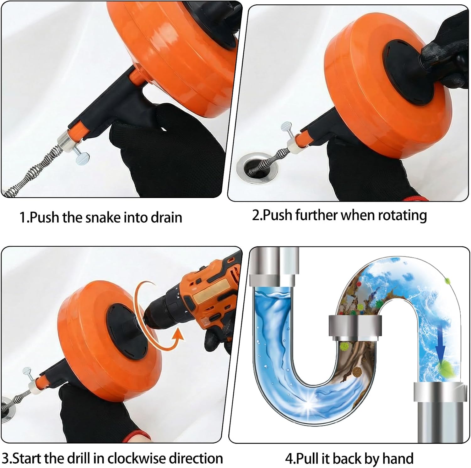 50 Ft Drain Auger,Use Manually or Drill Powered 50 Foot Drain Snake,Heavy Duty Flexible Plumbing Snake,With Gloves and Storage Bag for Kitchen Sink, Shower Drain (50FT, Orange)