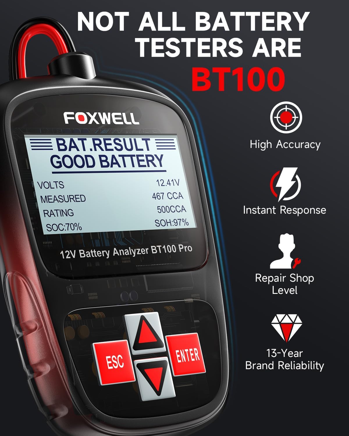FOXWELL BT100 PRO Car Battery Tester, 12V, 100-1100 CCA Load Tester | Battery Health Tester, Save Last Test, 99.6% Accuracy, SOH/SOC/CCA