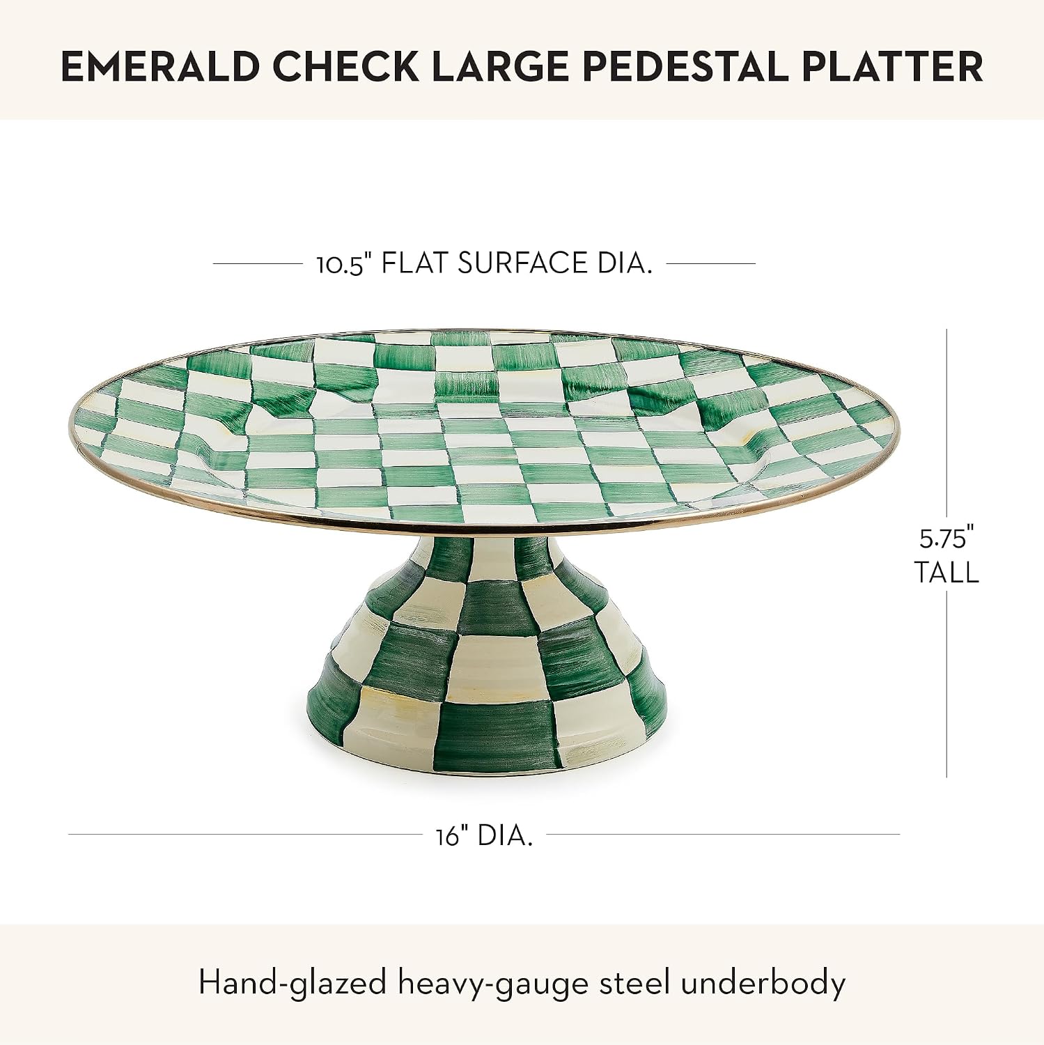 MACKENZIE-CHILDS Pedestal Platter, Mini, Black-and-White Courtly Check | Hand-painted design, made from enameled steel, stackable round cake stand for serving desserts, 8" dia. x 3" H