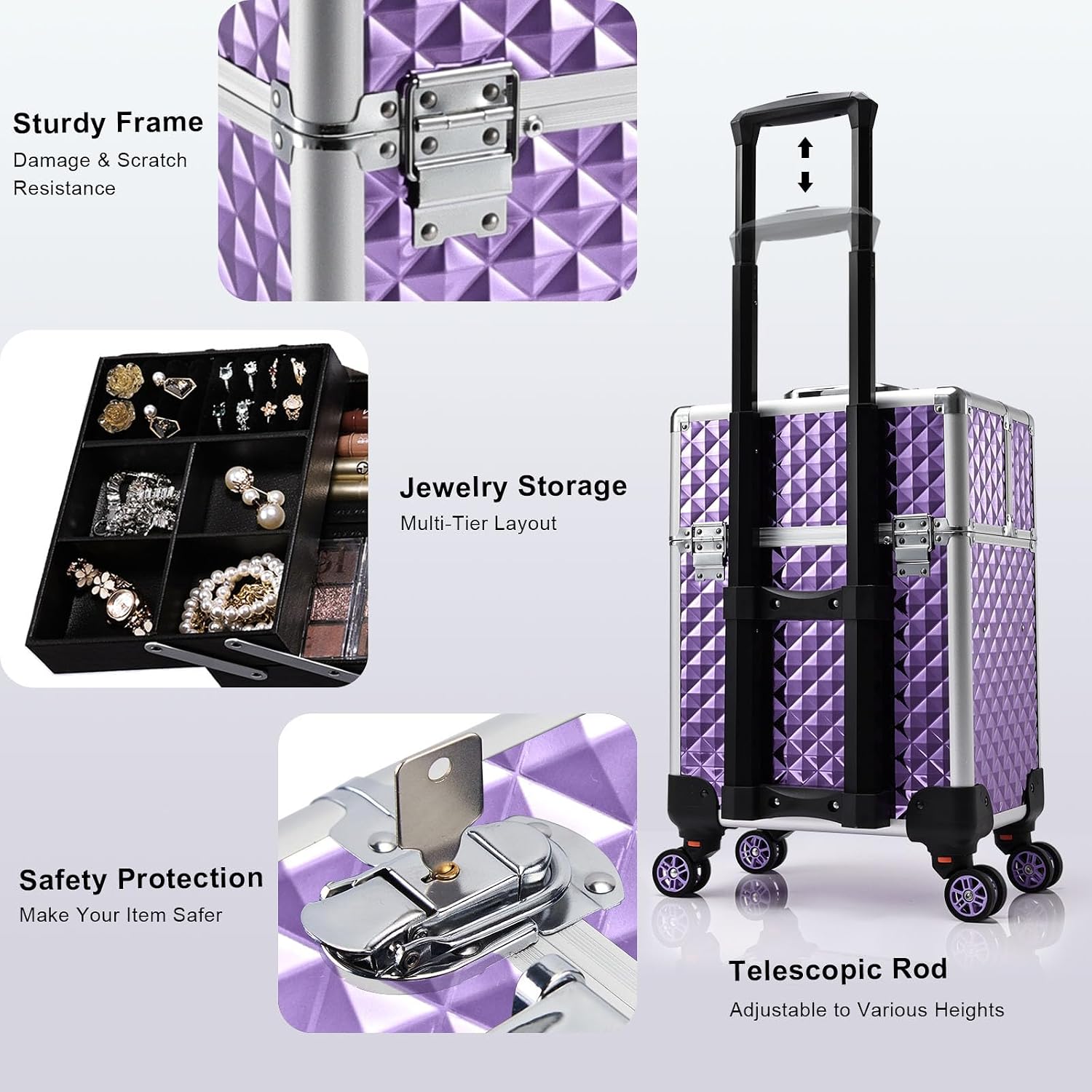 Stagiant Rolling Makeup Train Case Large Storage Cosmetic Trolley 4 Tray with Sliding Rail Removable Middle Layer with Key Swivel Wheels Salon