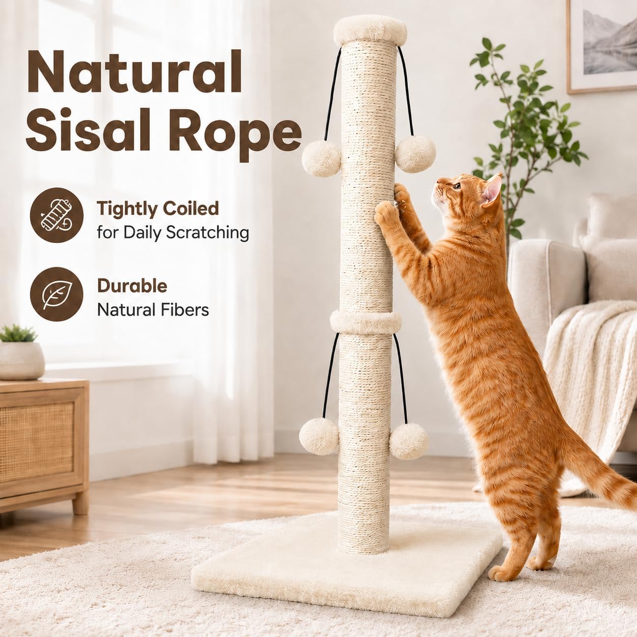 Dimaka 29'' Cat Scratching Post, Natural Sisal Rope Scratcher Post, Kitten Claw Scratch with 4 DanglingToy Balls for Large Cats (Grey)