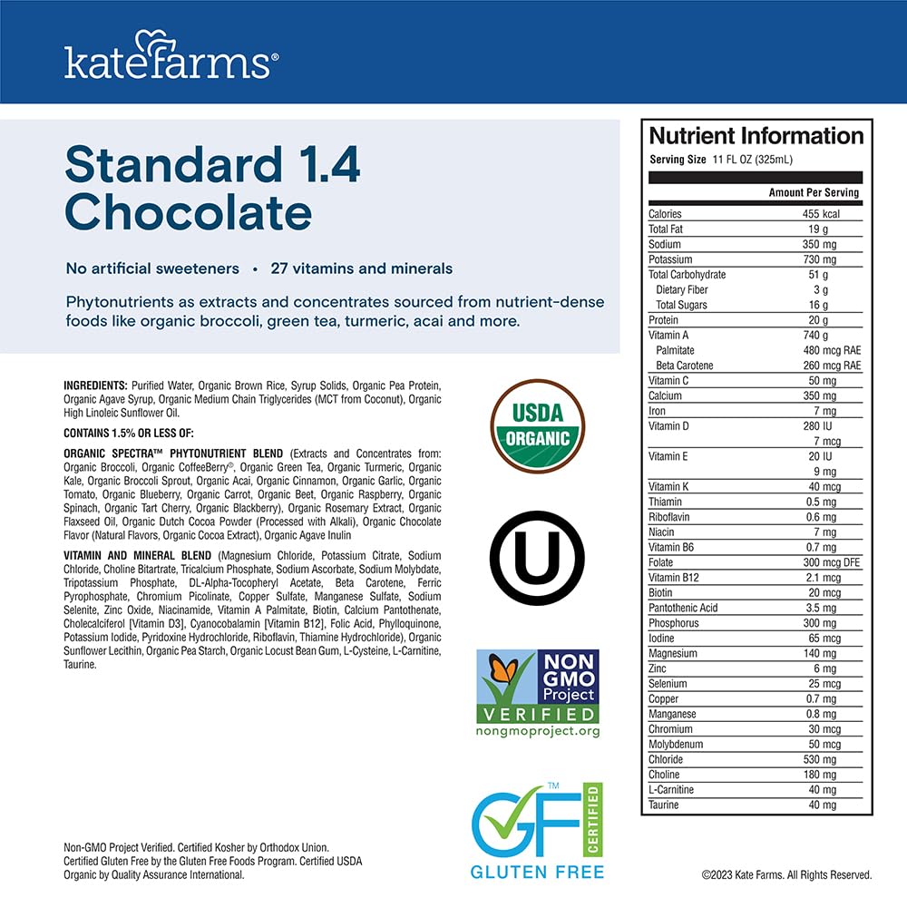 KATE FARMS Organic 1.4 High Calorie Shake, Plain, 20g Protein, 12 Pack