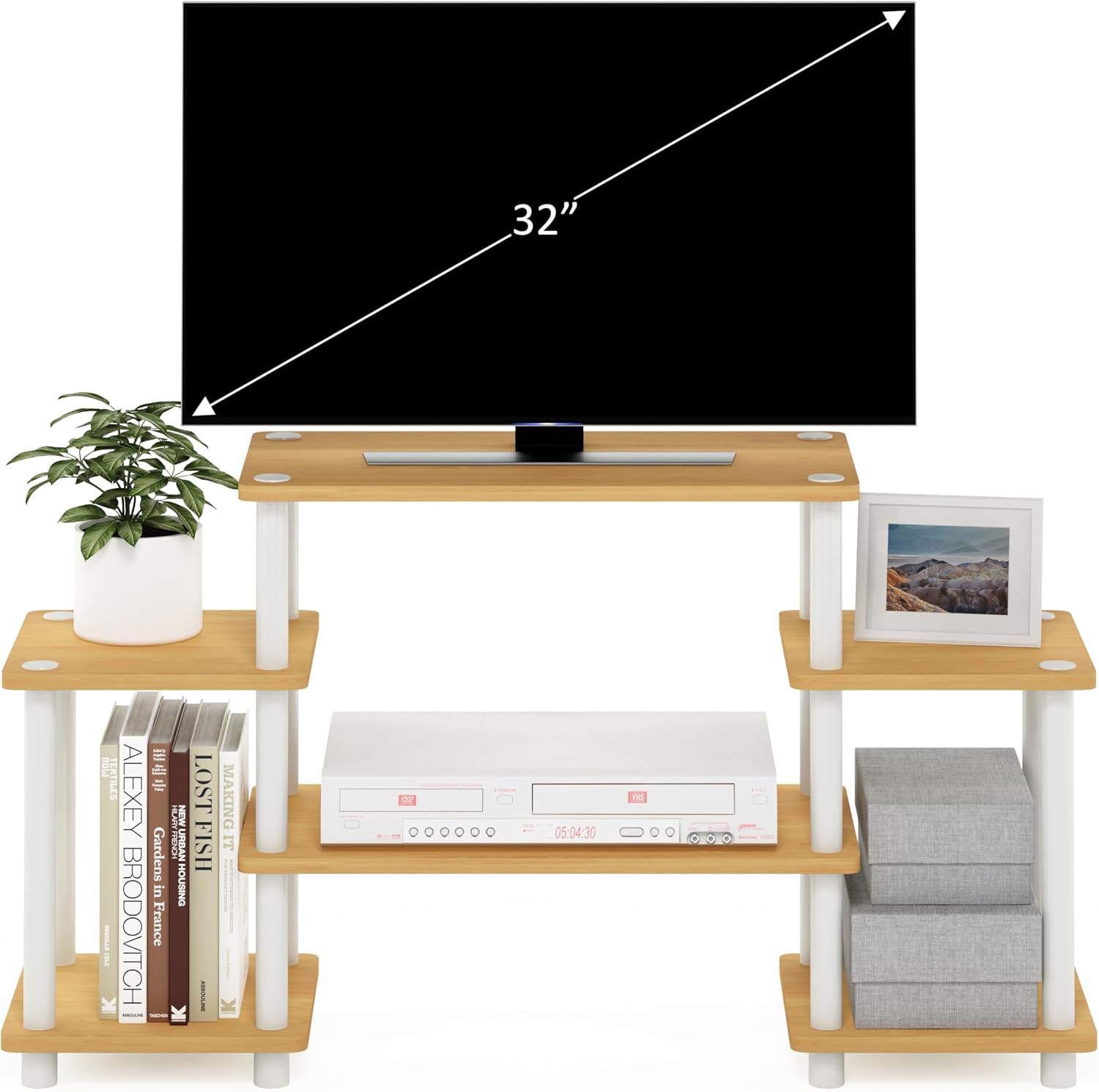 Furinno Turn-N-Tube No Tools Entertainment Center, Round Square Corner, French Oak Grey/Black | Raised Top, Open Shelves TV Console with for TV up to 32 Inch, for Living Room, Bedroom