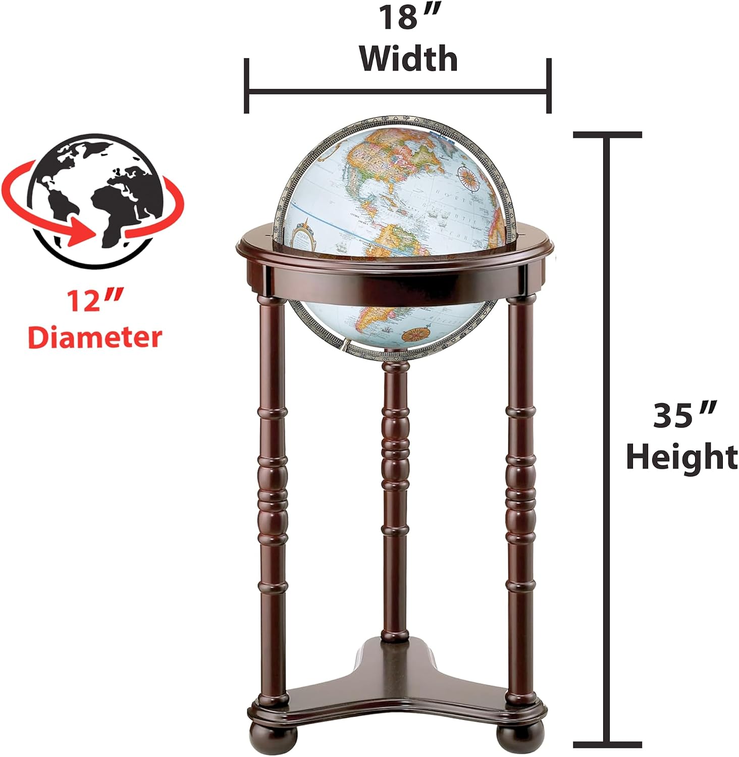 Lancaster Floor Globe by Replogle - Cherry Wood Stand & Blue Ocean Globe with USA Cartography & Mountain Relief