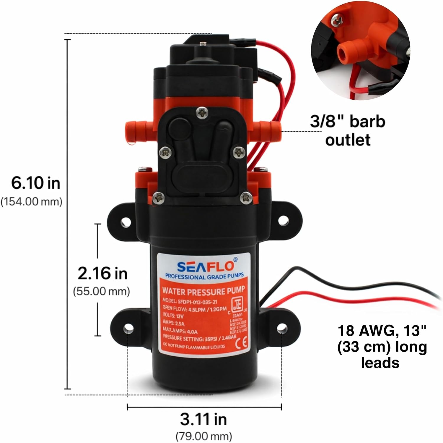 SEAFLO 55 Series 12V RV Water Pump 5.5 GPM 60 PSI Diaphragm Pump Heavy Duty Pressure Switch Built In Bypass Self Priming Quiet High Flow RV Marine Off Grid Freshwater System 4-Year Warranty