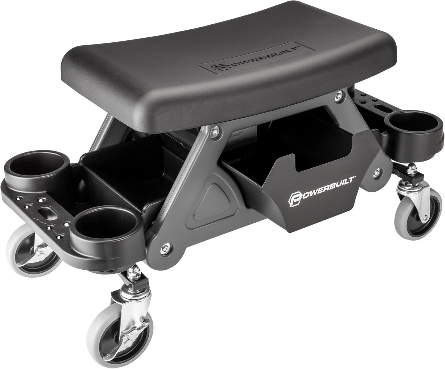 Powerbuilt 42-Inch Triplex Folding Creeper, Rolling Seat, and Brake Stool, All-in-One Adjustable Roller Garage Chair, Lay Down or Sit, Black 620469