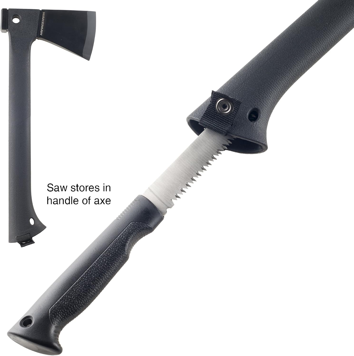 Camping Hand Axe and Survival Gear - Lightweight Hatchet with Nested Serrated Wood Saw Knife and Magnesium Fire Starter Tool by Wakeman (Black)