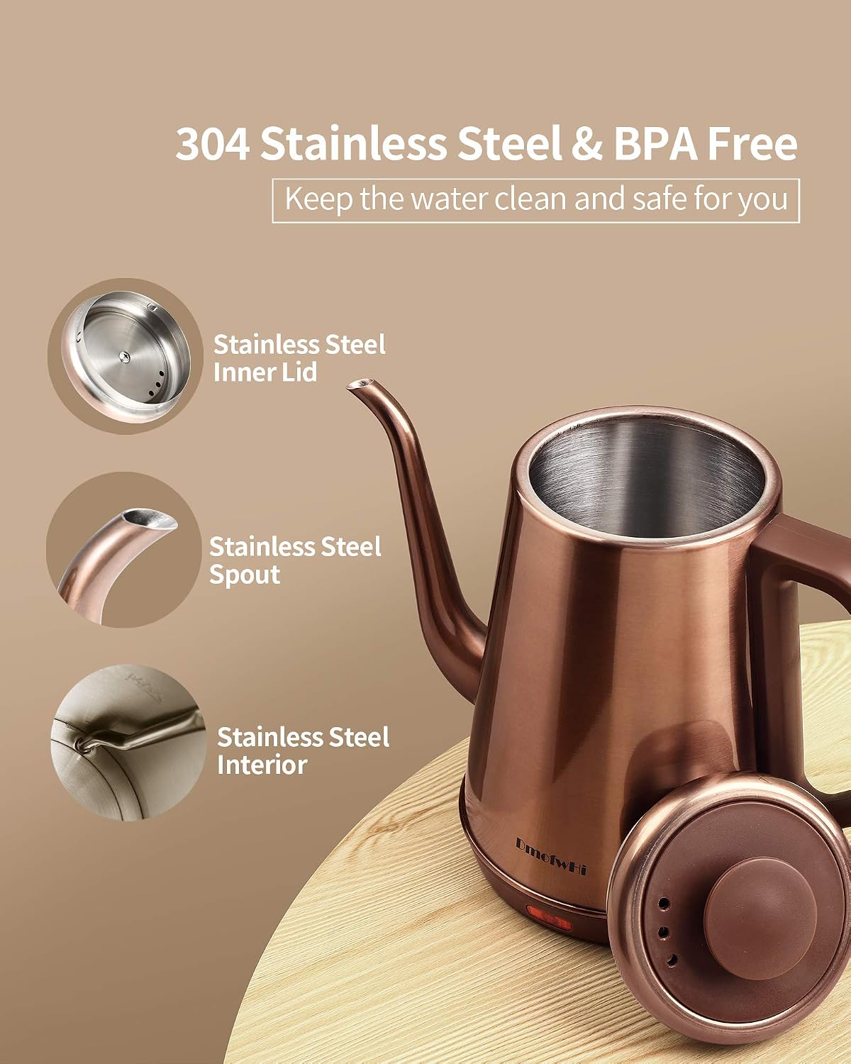 DmofwHi 1000W Gooseneck Electric Kettle (1.0L), 100% Stainless Steel BPA Free Tea Kettle with Auto Shut - Off Protection