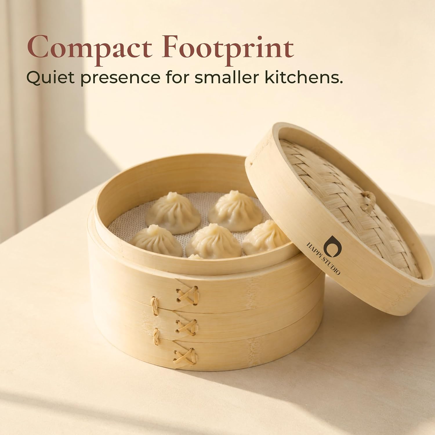 HAPPI STUDIO Bamboo Steamer Basket 10 Inch, Extra Deep Dumpling Steamer Set