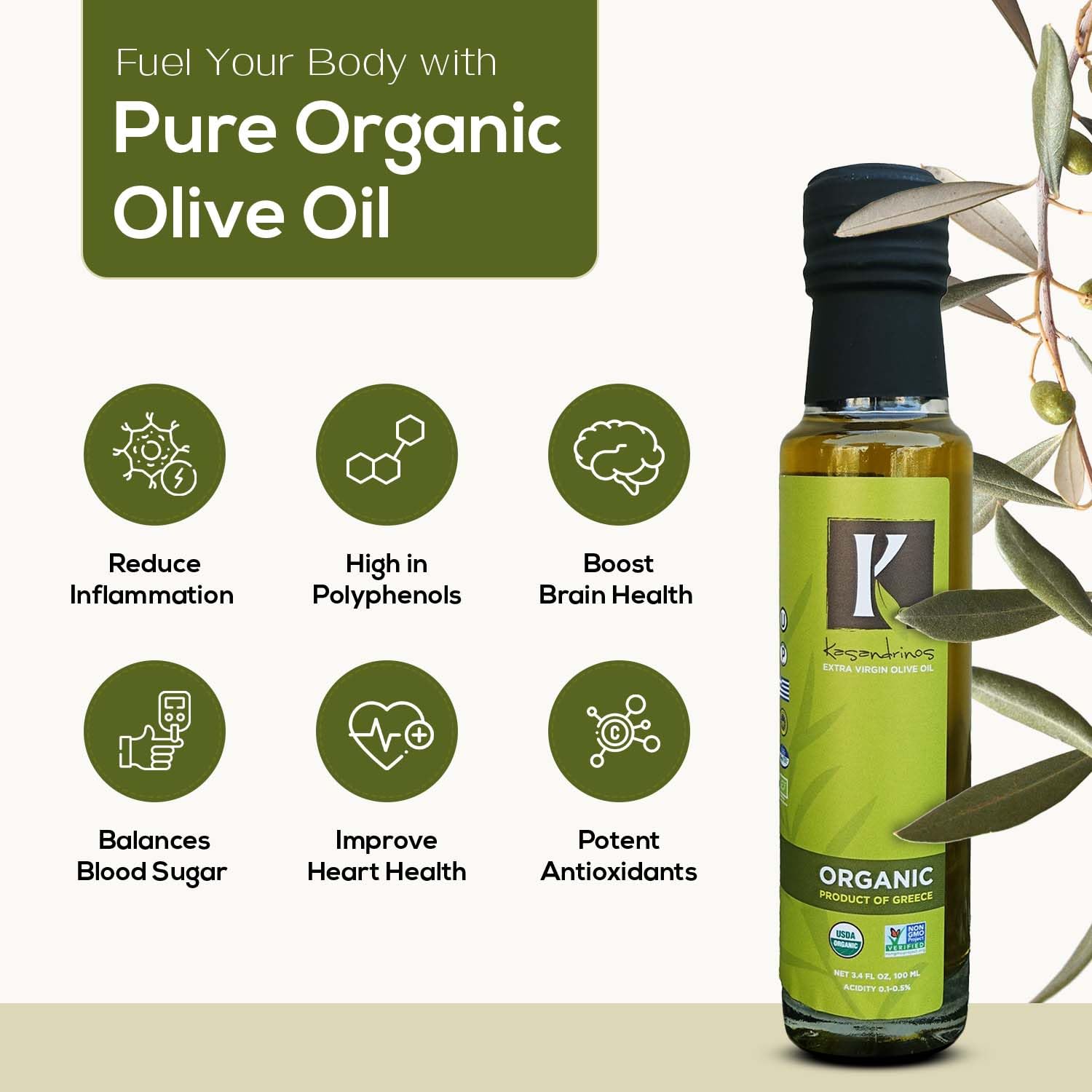 Kasandrinos Organic Olive Oil Extra Virgin, Polyphenol Rich Greek Olive Oil, 100% Organic First Cold Pressed, Mild + Delicate Flavor, Verified by Non GMO, 500 ml / 16.9 oz