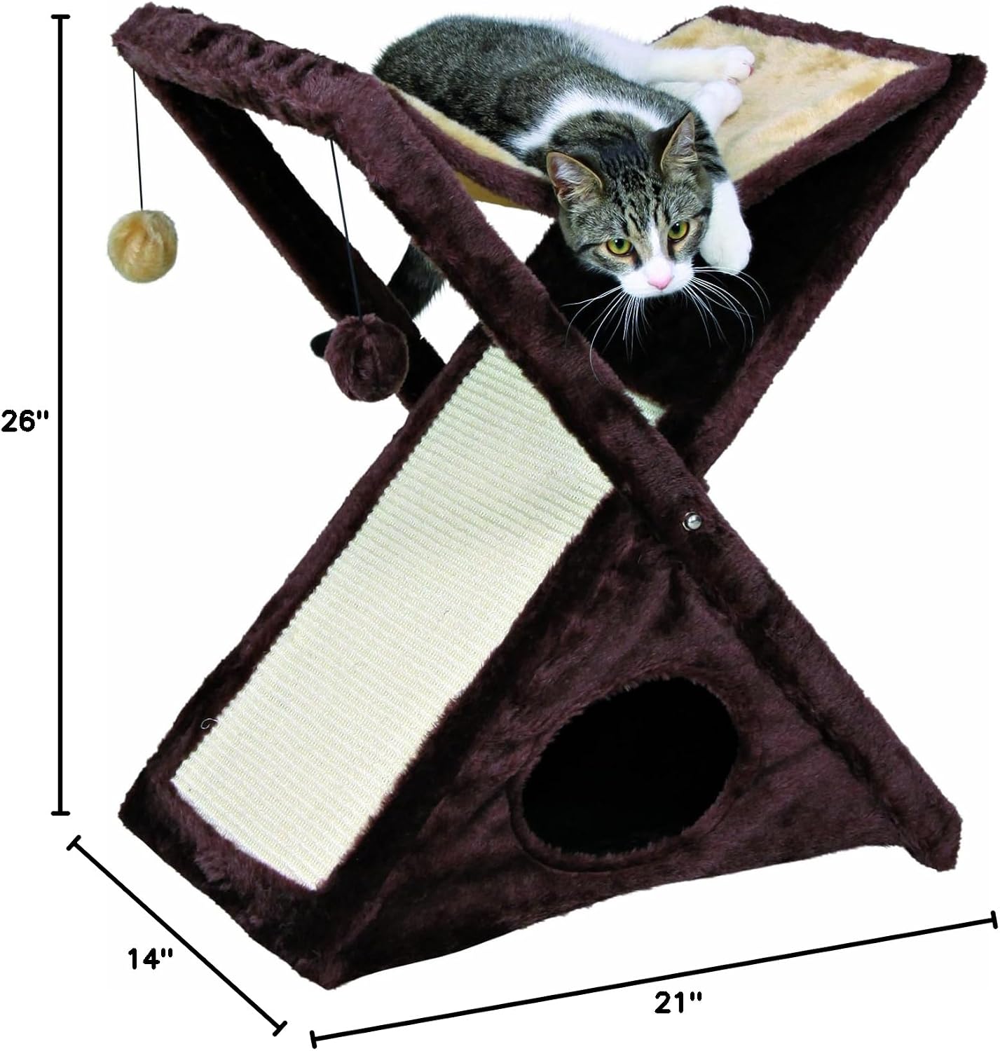 TRIXIE Miguel Fold and Store Cat Hammock, Indoor Cat Furniture with Dangling Toys, Scratching Pad, and Cave, Taupe/Light Gray