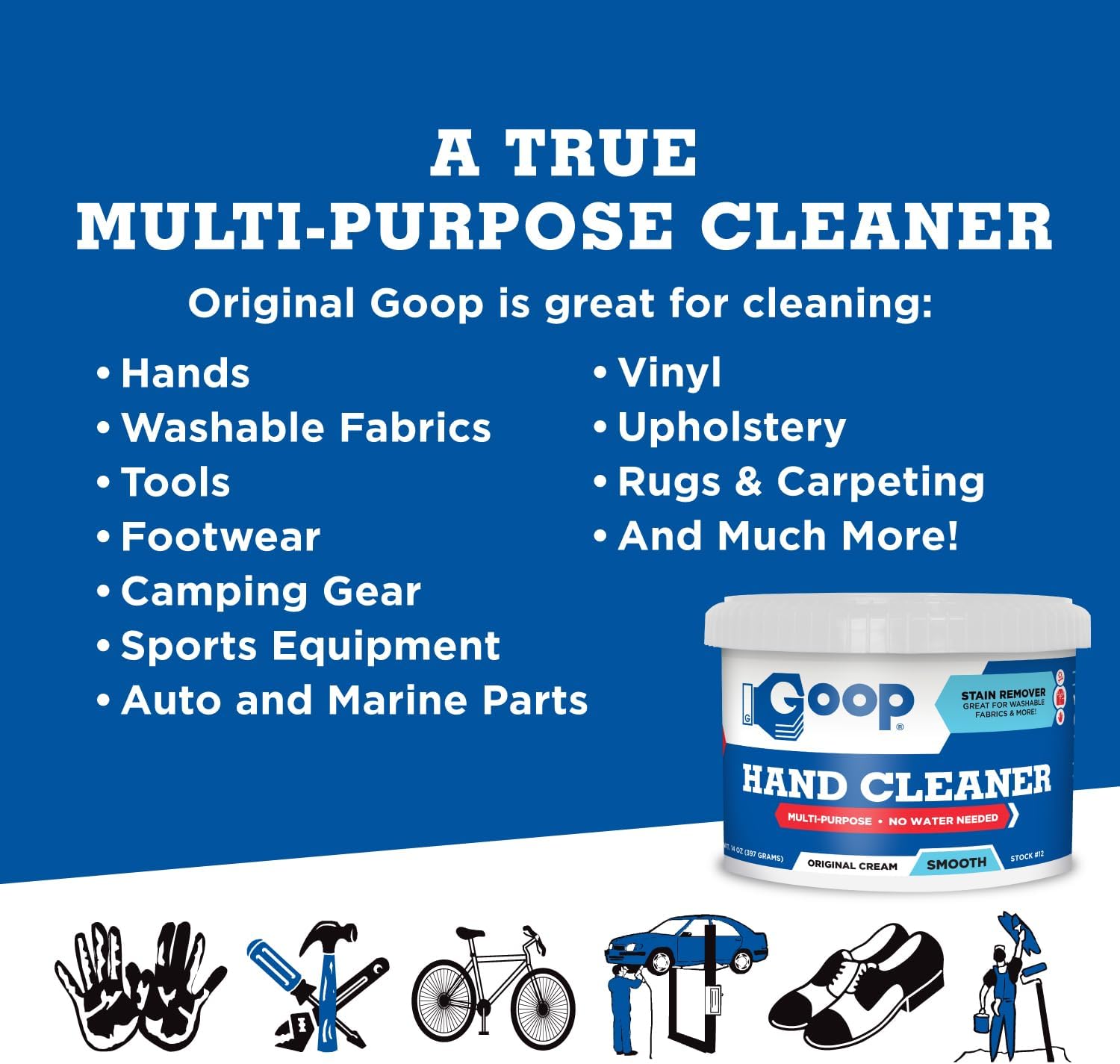 GOOP Multi-Purpose Hand Cleaner- Waterless Hand Degreaser, Laundry Stain Remover - NonToxic and Biodegradable Cleaner Remove Dirt, Oil, Paint, Ink, and Clothes Stains Original, 14oz Pack of 1