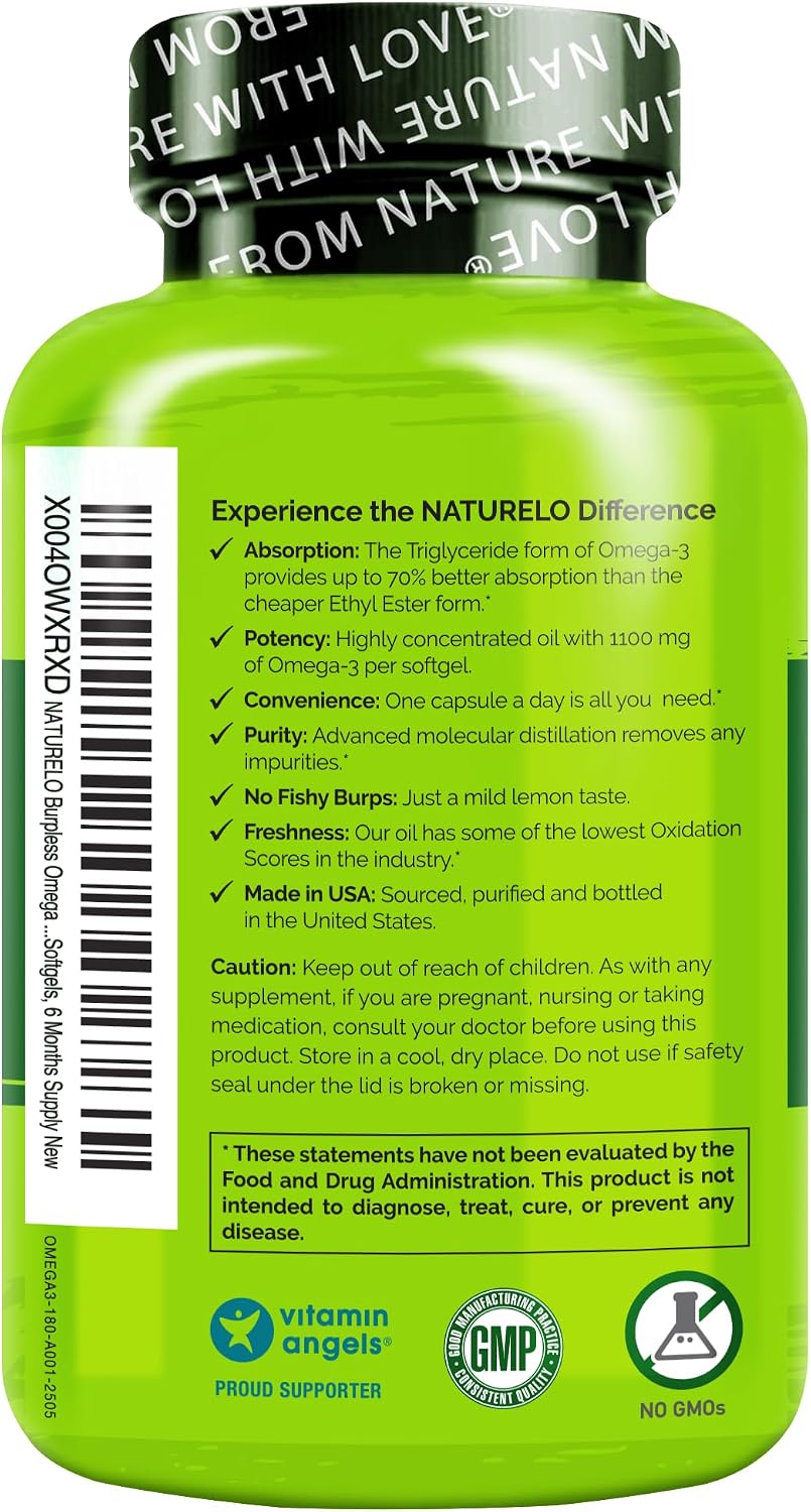 NATURELO Burpless Omega 3 Fish Oil Supplement, 1100mg, 60 Softgels | Triglyceride omega-3, omega 3 DHA EPA, liquid fish oil, 2 months supply