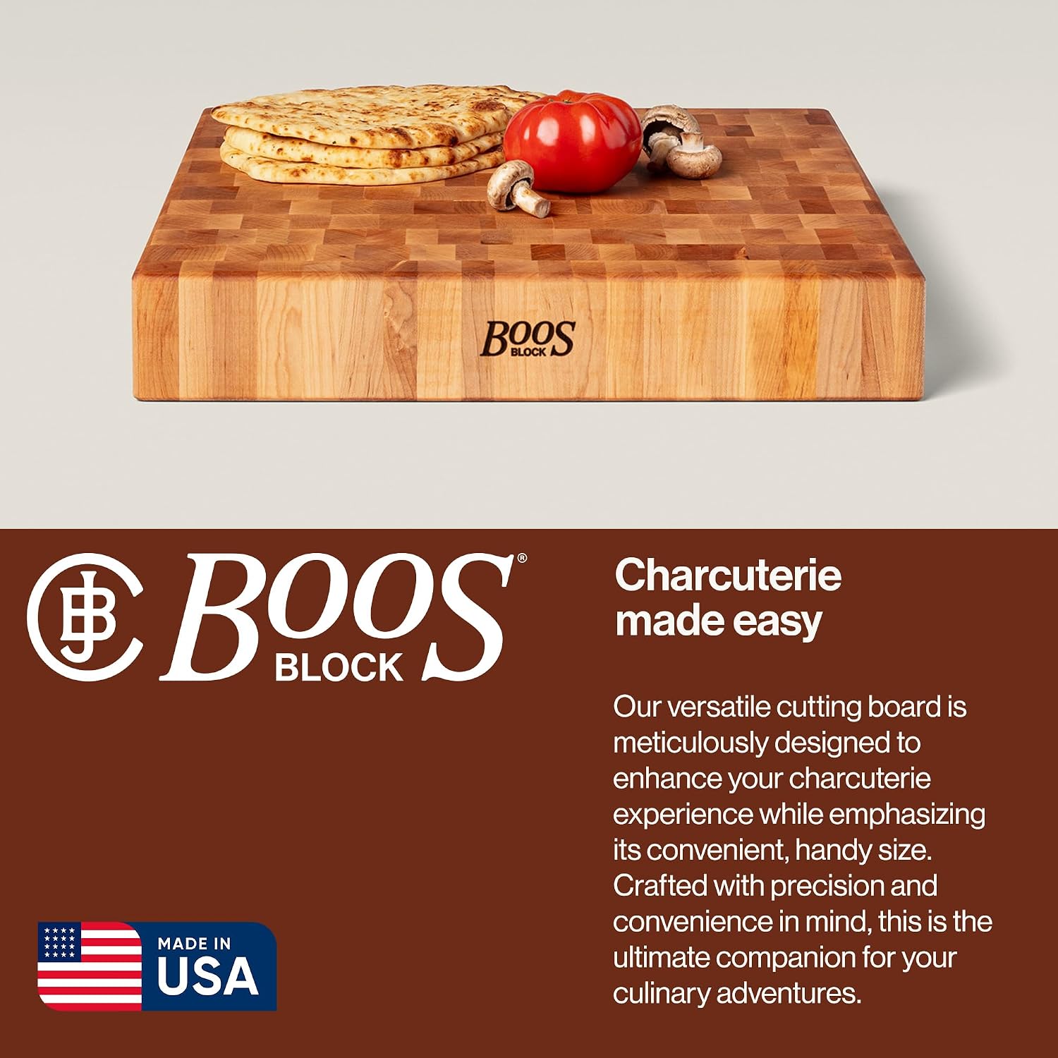 John Boos CCB Series Square Wooden Maple Cutting Board 12”x12” – 3” Thick, 13-lb Reversible Butcher Block with End-Grain & Finger Grips – Made in the USA