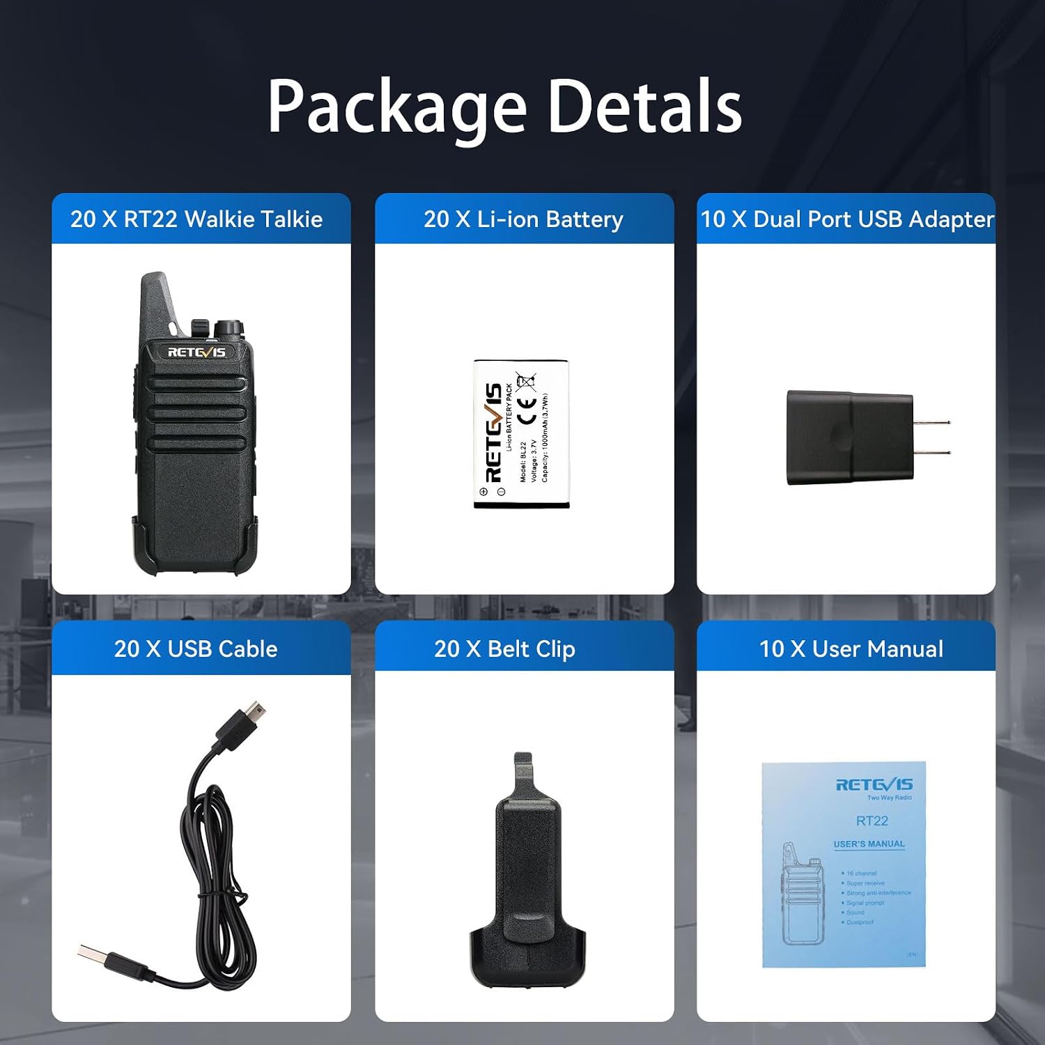 Retevis RT22 Walkie Talkies Long Range Rechargeable for Adults (20 Pack) | Compact & Lightweight Two-Way Radios For K-12 & Retail, Comfortable for All-Day Wear, Loud & Clear Audio, 10-Hour Battery