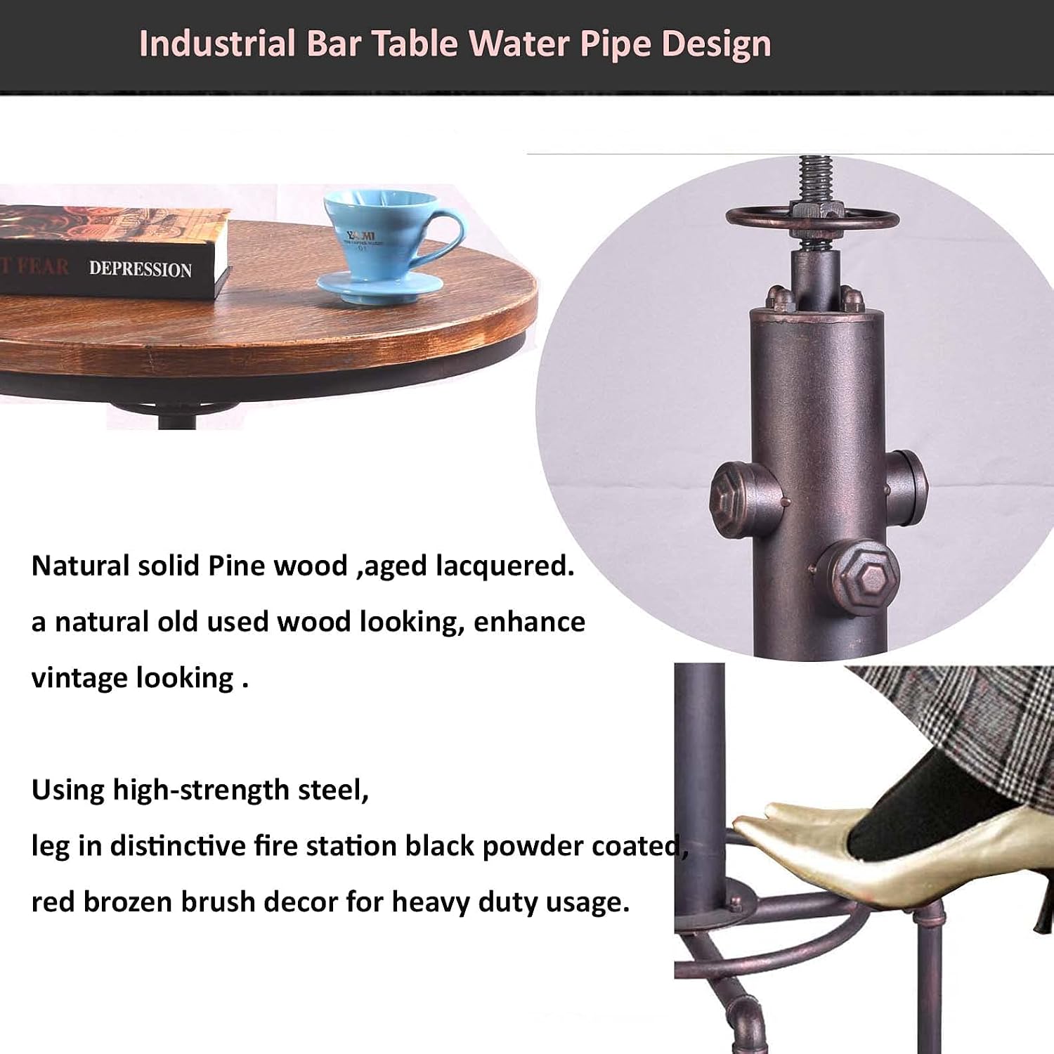 Topower Industrial Bar Table 32.3-38.2" Adjustable Pub Table Kitchen Dining Coffee Bistro Table (Red)