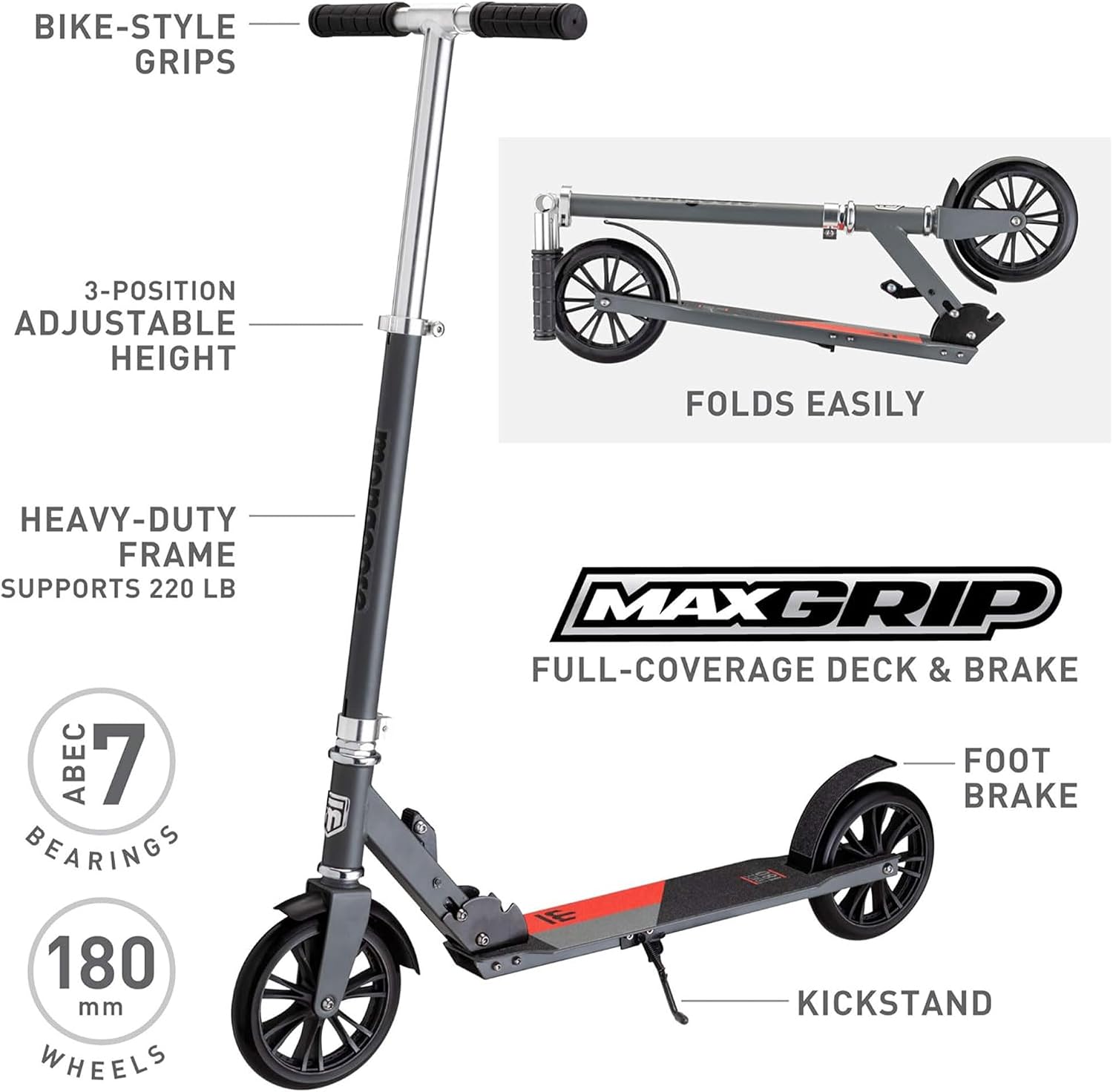 Mongoose Trace Kick Scooter for Youth Adult Boys and Girls, Quick-Release, Lightweight & Easy Folding Scooter, Bike Style Grips