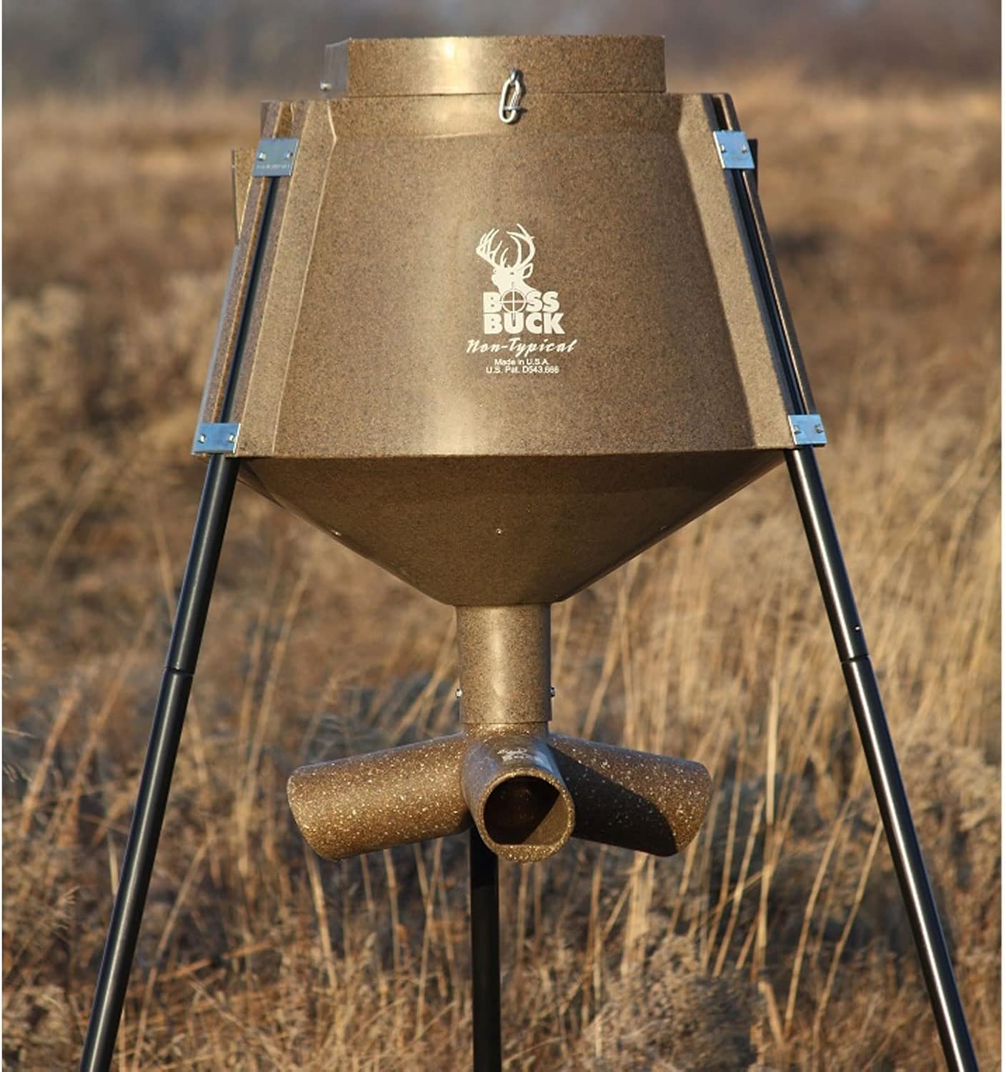 BOSS BUCK 350 LB Deer Feeder/Hunting Durable Lightweight Plastic UV Protected Windproof Waterproof Gravity Feed with Protein 3 Feed Tubes Head, Multi-Piece Round Legs | Protein 3 feed tubes head, Multi-Piece round legs