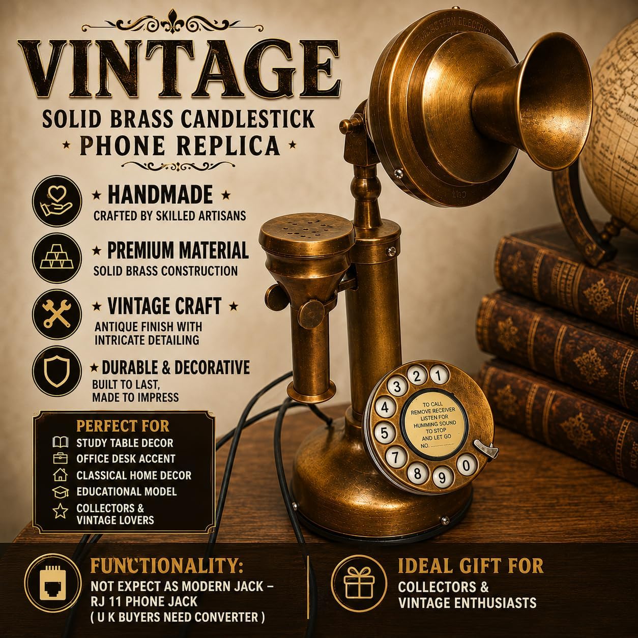 Antique Brass Candlestick Phone Replica Electronic Corded Rotary Dial Phone Home DecorWestern Electric Bell Telephone