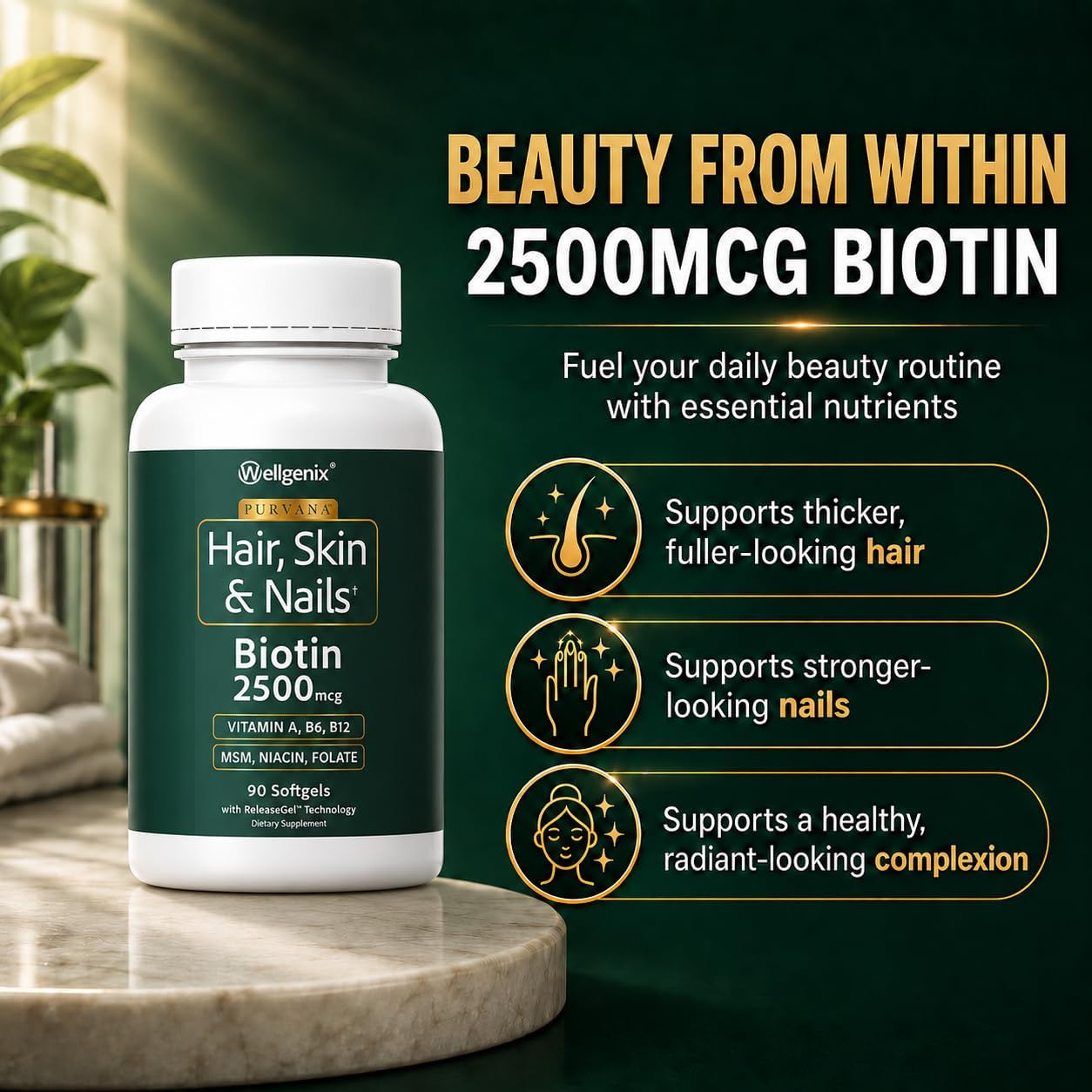 Wellgenix Purvana Hair Skin and Nails Supplement – 2500mcg Biotin Softgels with MSM & B-Complex – Daily Beauty Support for Stronger Nails & Hair Vitality – 90 Softgels | MSM, alpha lipoic acid & grape seed softgels for thicker-looking hair, stronger-look…