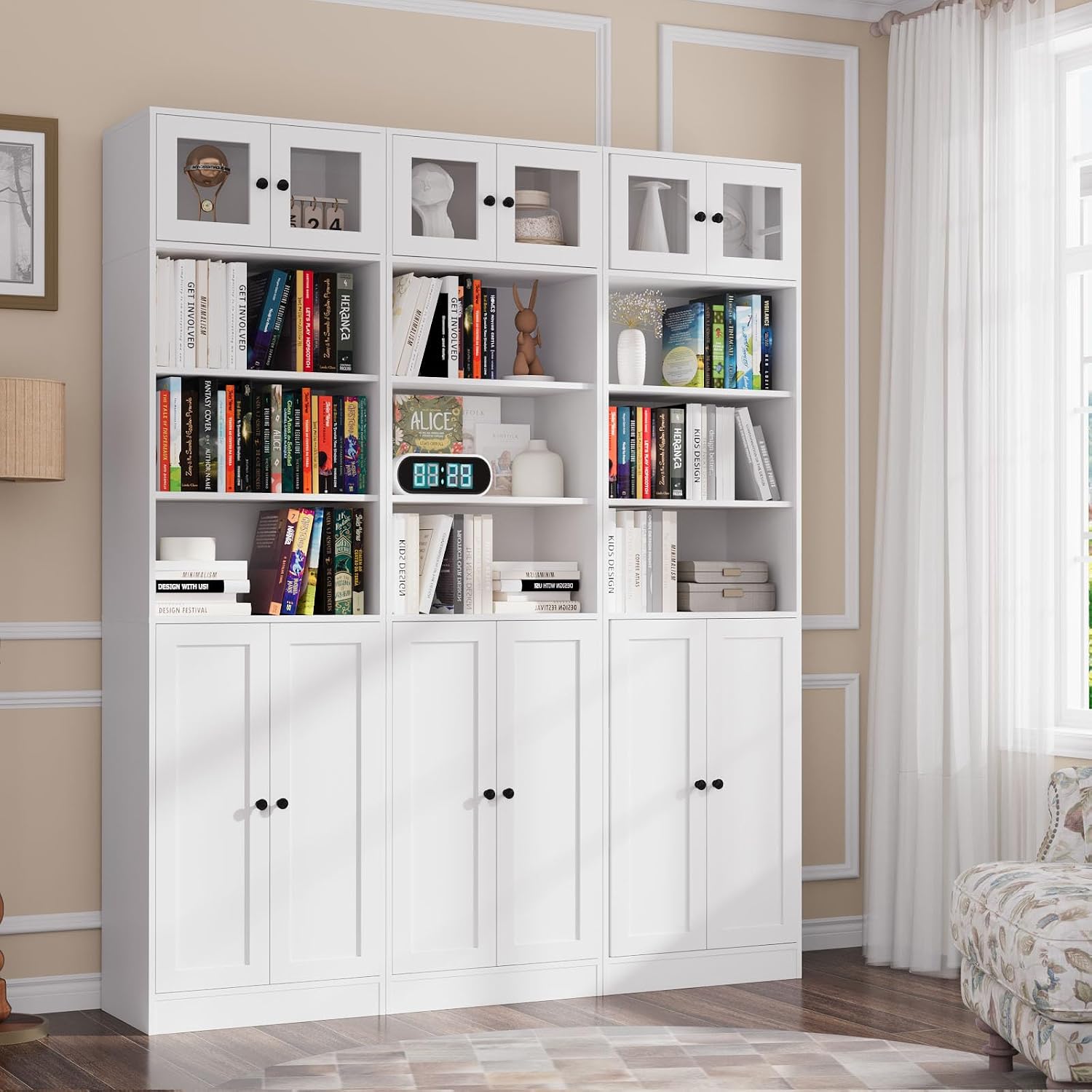 TUSY 85.5 Inch Tall Bookshelf with Doors - 7 Tier Bookcase with Glass Doors and Drawer, 23.6" Wide Storage Cabinet with Open Shelves for Living Room, White Book Shelf for Home Office, Study (AAAA)