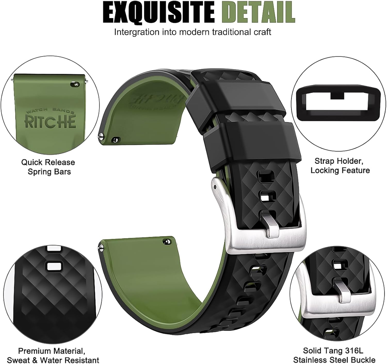 Ritche Christmas Gift Silicone Watch Bands 18mm 20mm 22mm 24mm Quick Release Rubber Watch Bands for Men, White Elephant Gifts