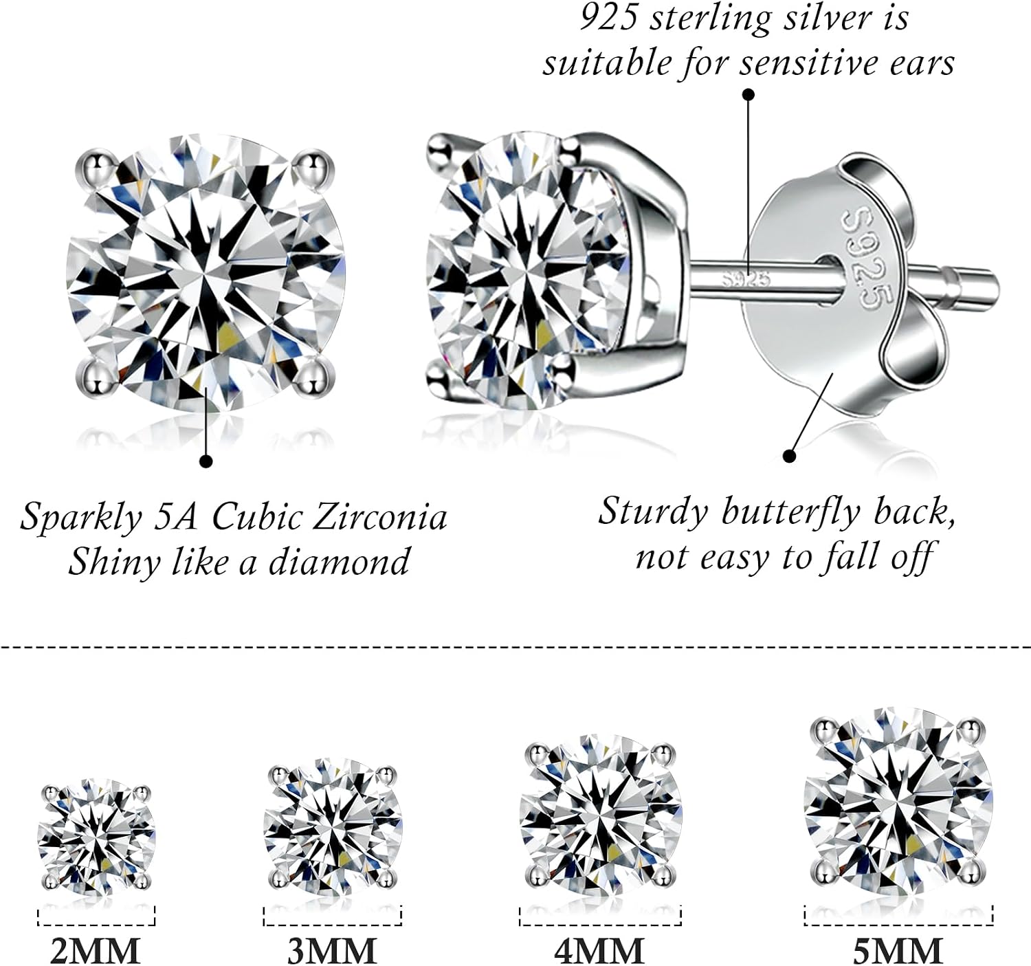 925 Sterling Silver Stud earrings Set | White Gold Plated Hypoallergenic Stud Earrings | Cubic Zirconia Stud Earrings for Women (2mm, 3mm, 4mm, 5mm