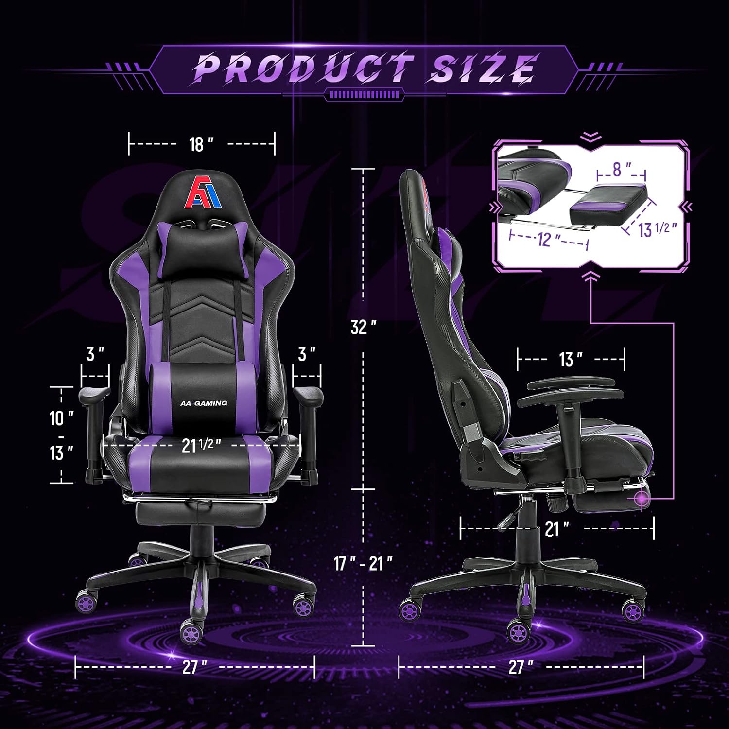 AA Products Gaming Chair Ergonomic High Back Computer Racing Chair Adjustable Office Chair with Footrest, Lumbar Support Swivel Chair - Black