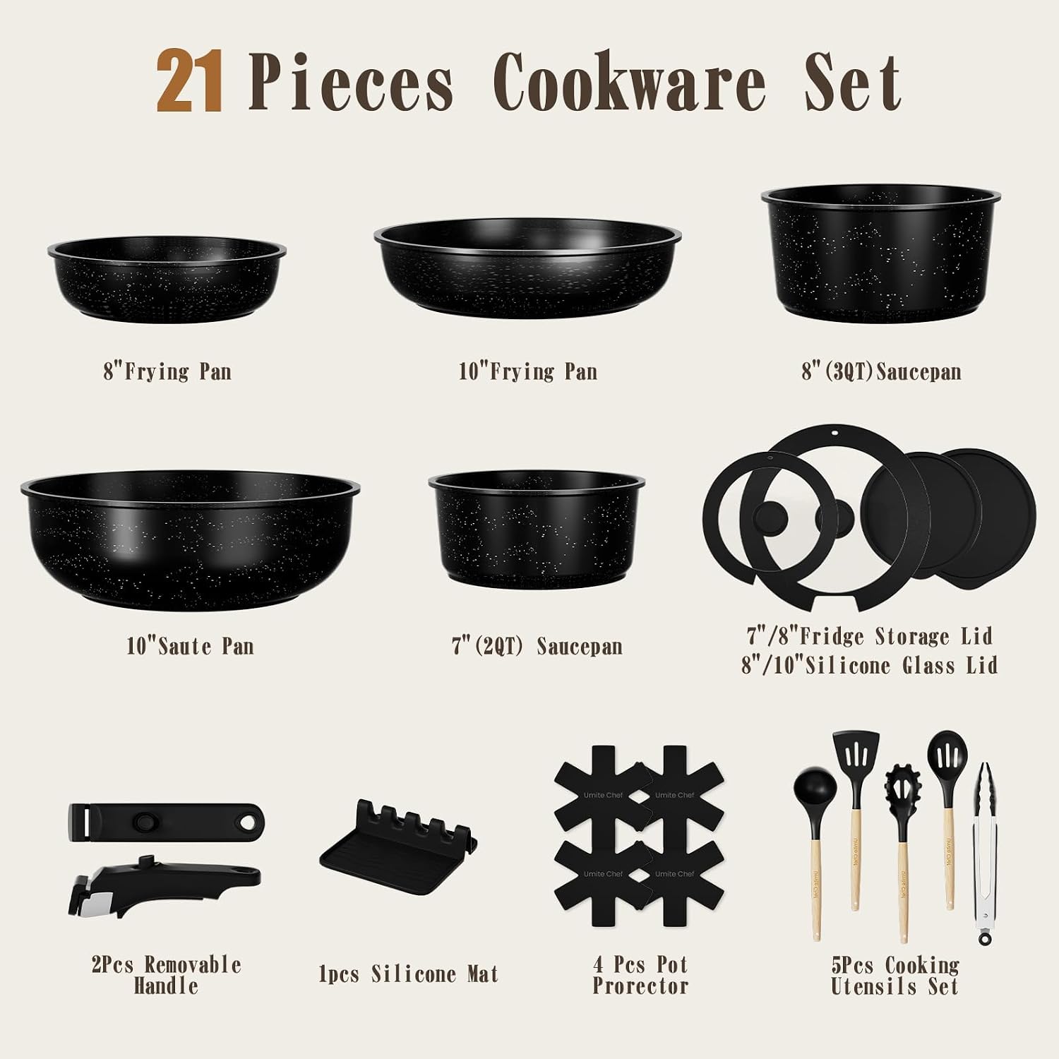 Umite Chef Non Stick Pots and Pans Set, 21 Pcs Ceramic Kitchen Cookware Set with Detachable Handle, Nonstick Healthy Induction Cookware, Dishwasher RV Cookware Set, Oven Safe, Stackable, Sage Green
