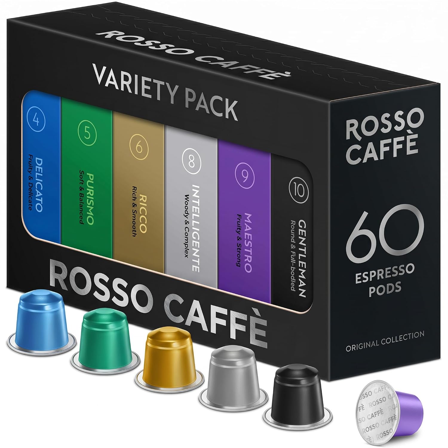 ROSSO CAFFÈ Espresso Pods for Nespresso Original Machines, Variety Pack 60 | Six Distinct Coffee Blends • Smooth to Intense Roasts • Rich Crema