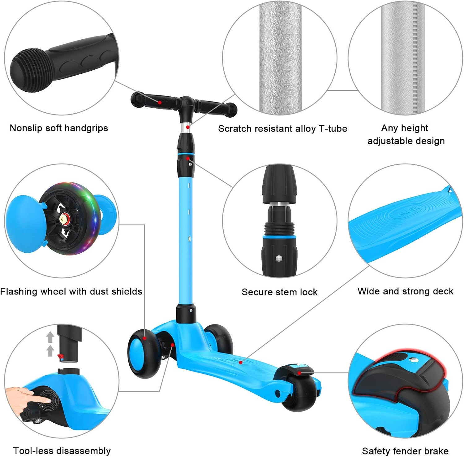 Allek Kick Scooter B03, Lean 'N Glide 3-Wheeled Push Scooter with Extra Wide PU Light-Up Wheels