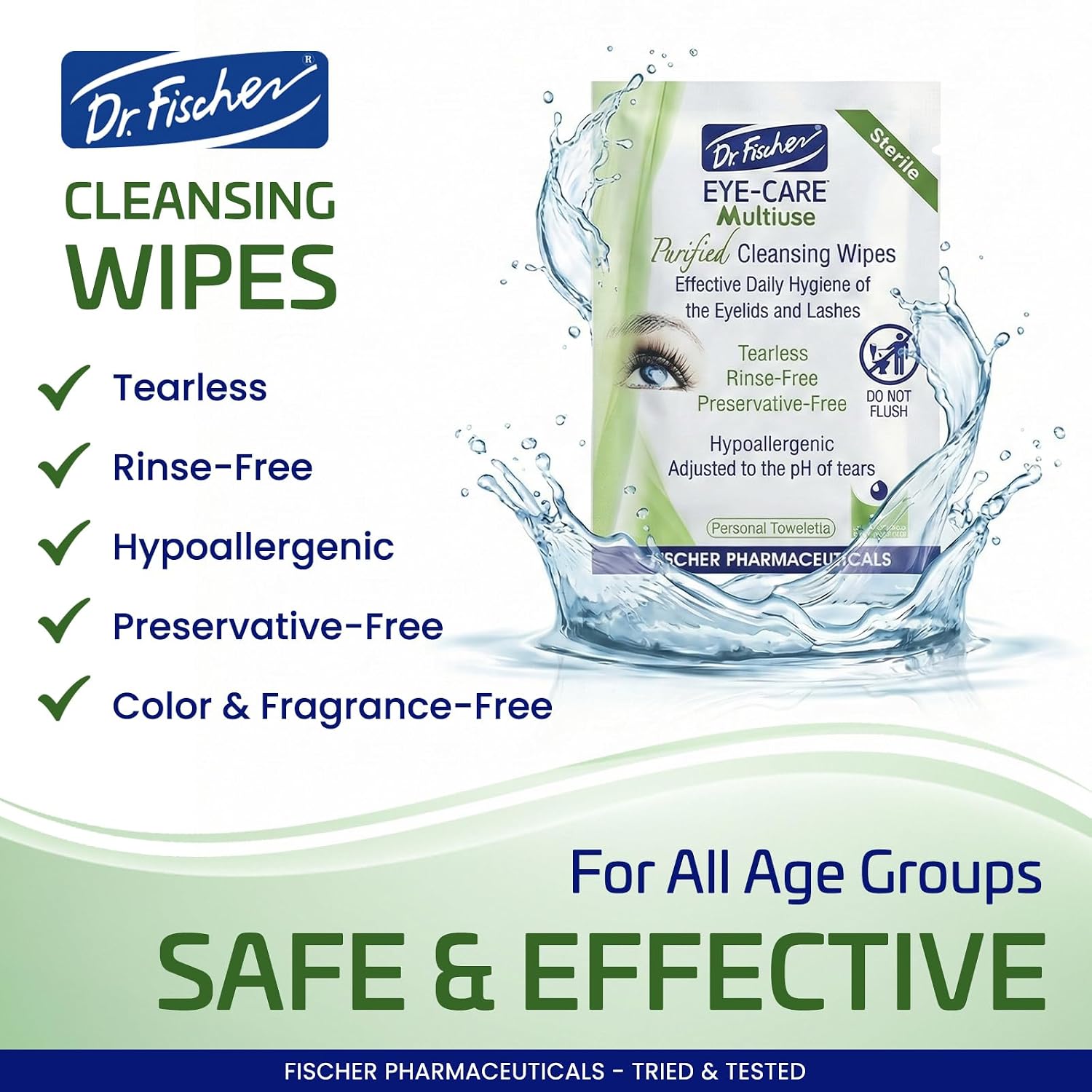 Dr. Fischer Eyelid Wipes - Hypoallergenic Preservative-Free Eye Cleansing Wipes for Sensitive Eyelids (Twin Pack).