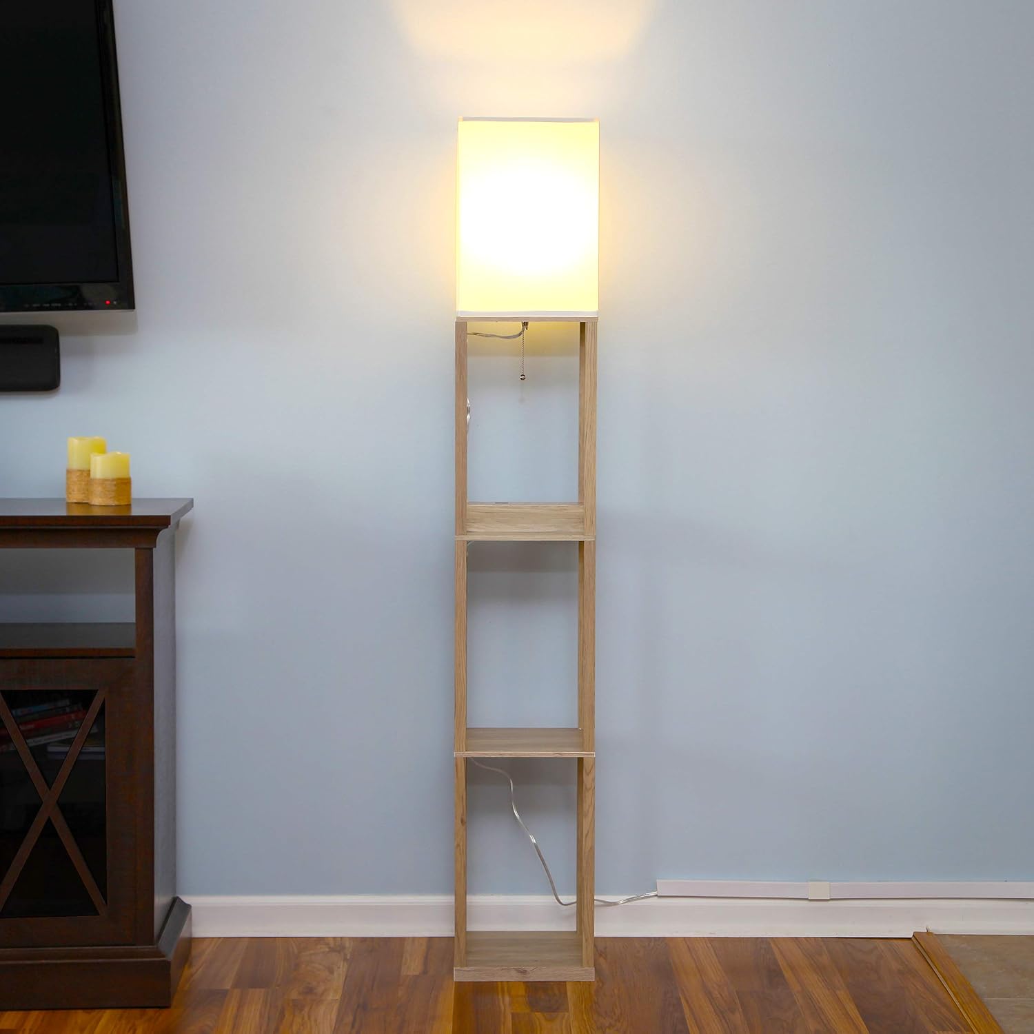 Brightech Maxwell Charger - Modern Shelf Floor Lamp with USB Charging Ports & Electric Outlet - Corner Display Floor Lamps with Shelves for Living