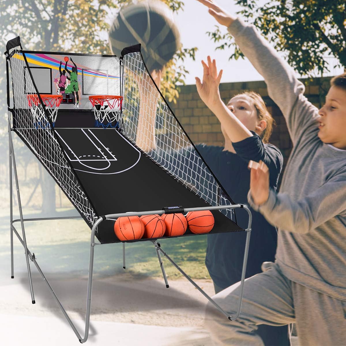 GYMAX Arcade Basketball Game Indoor Foldable with 8 Game Modes, Arcade Sound, 4 Balls and Inflation Pump, Electronic Basketball Games for All Ages Home