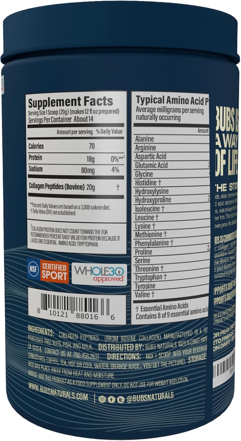 BUBS Naturals Collagen Peptides Powder, Collagen for Women & Men, Hydrolyzed Peptides, Unflavored Pasture Raised Grass Fed, Paleo Keto Friendly, Supports Hair Skin & Joint Health (20 oz) 28 Servings