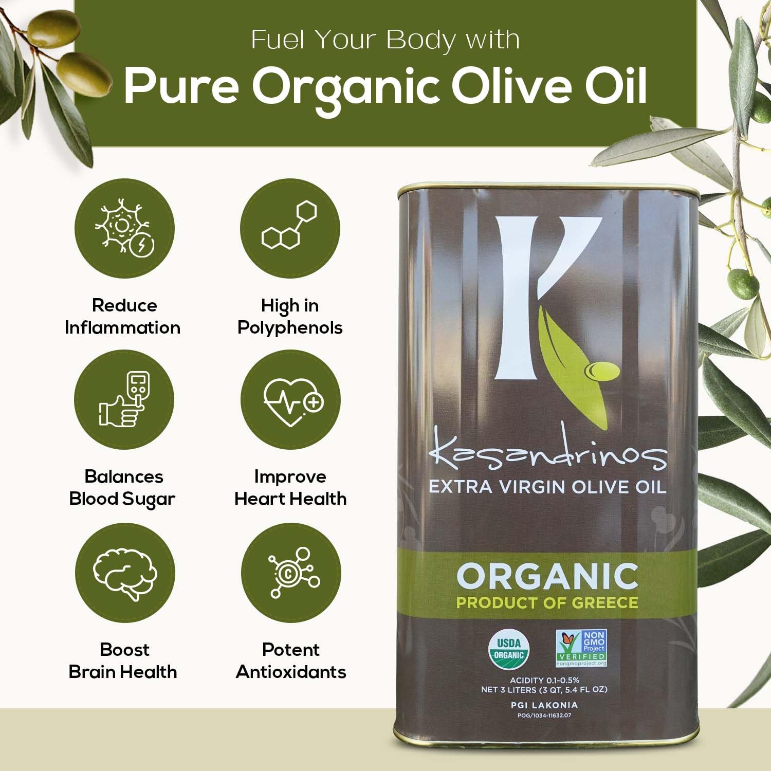 Kasandrinos Organic Olive Oil Extra Virgin, Polyphenol Rich Greek Olive Oil, 100% Organic First Cold Pressed, Mild + Delicate Flavor, Verified by Non GMO, 500 ml / 16.9 oz