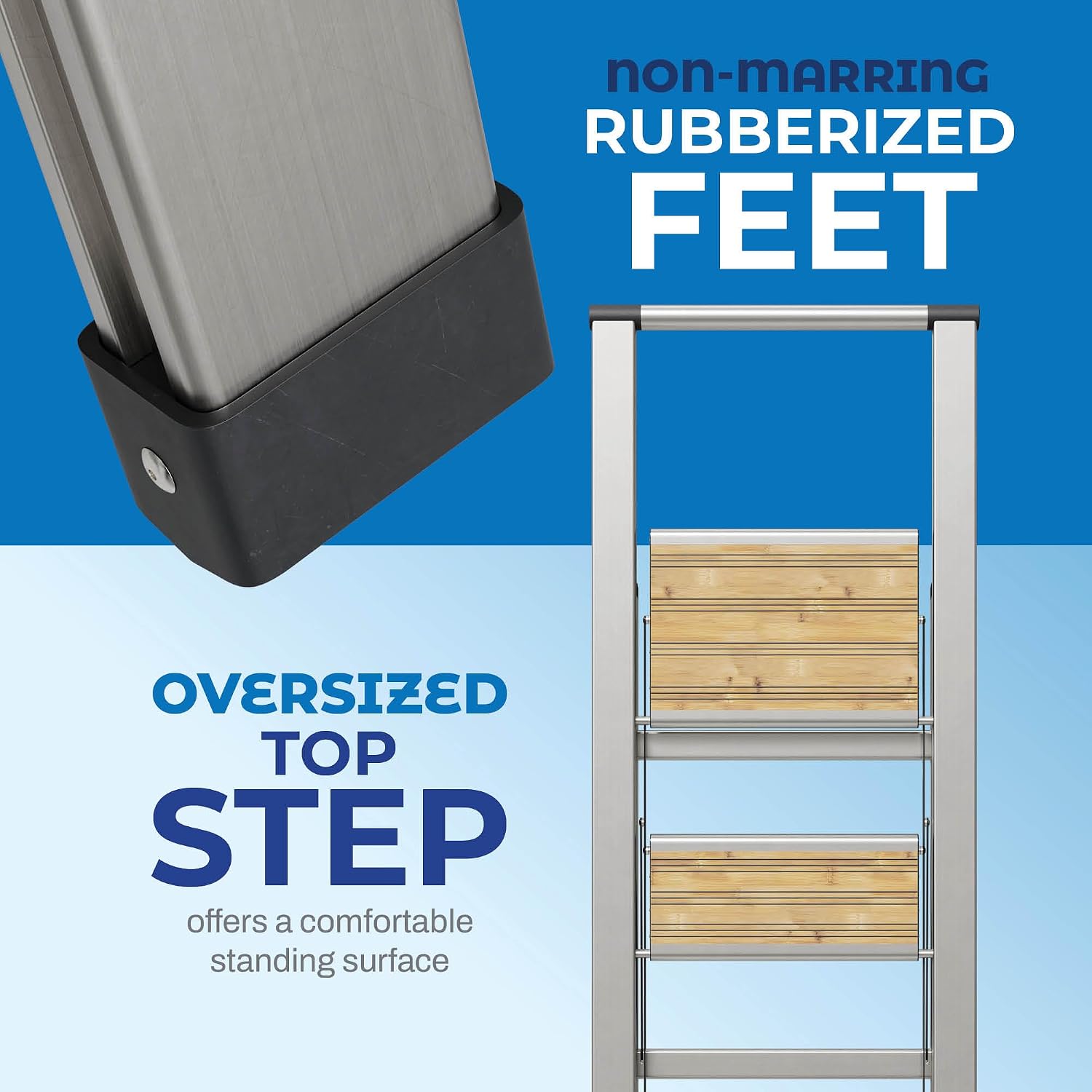Step Ladder 2 Step Folding, Decorative - Beautiful Bamboo & Silver Aluminum, Ultra Slim Profile, Anti Slip Steps, Sturdy-Portable for Home, Office