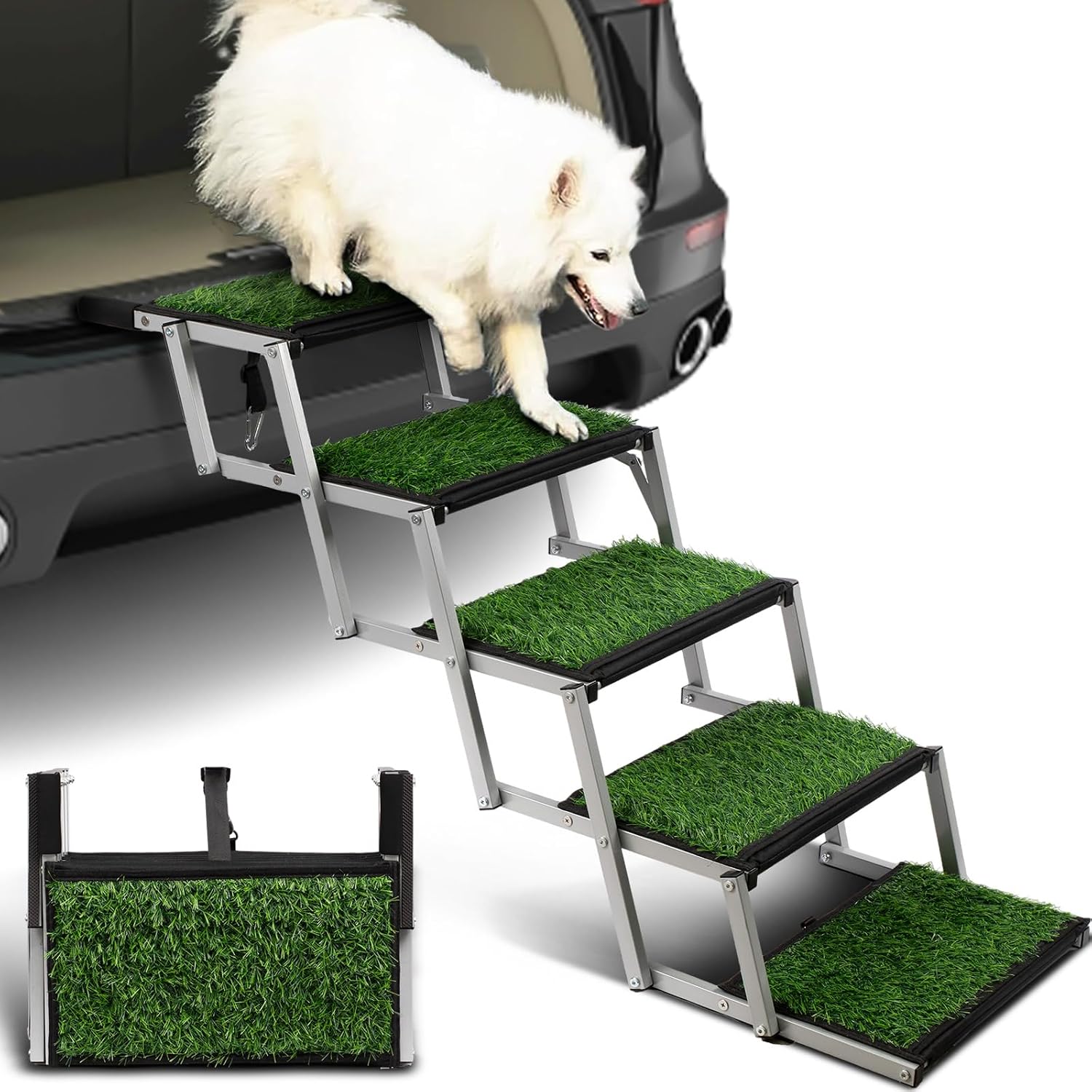 Foldable Dog Stairs for Car,17" Extra Wide Pet Ramp for Large Dog,6 Steps | 17" Extra Wide 200LBS Capacity Lightweight Portable Reinforced Pet Ramp for SUV Truck High Bed