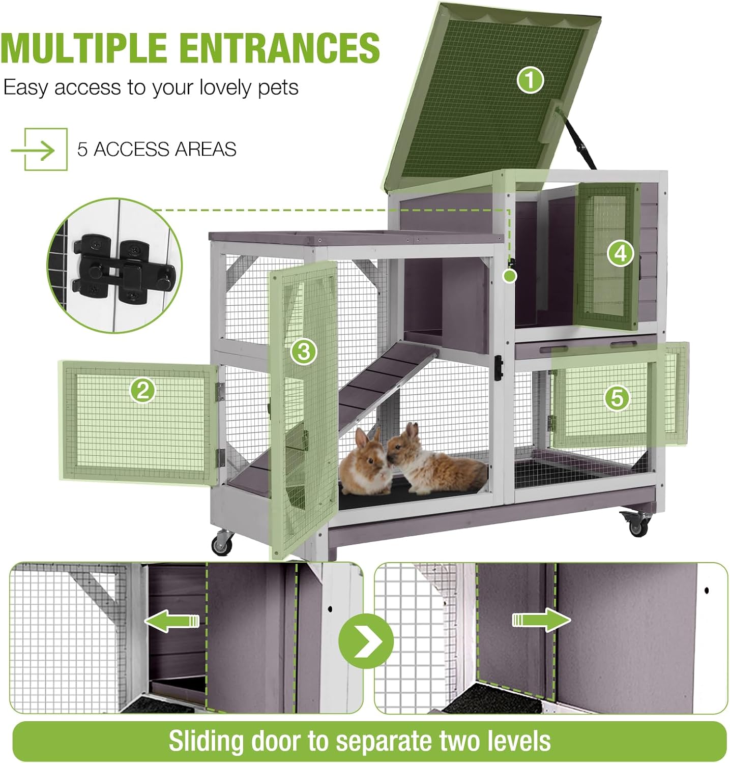 Indoor Rabbit Bunny Hutch Outdoor, Guinea Pig Cages with Removable Bottom Wire Netting - Easy Clean